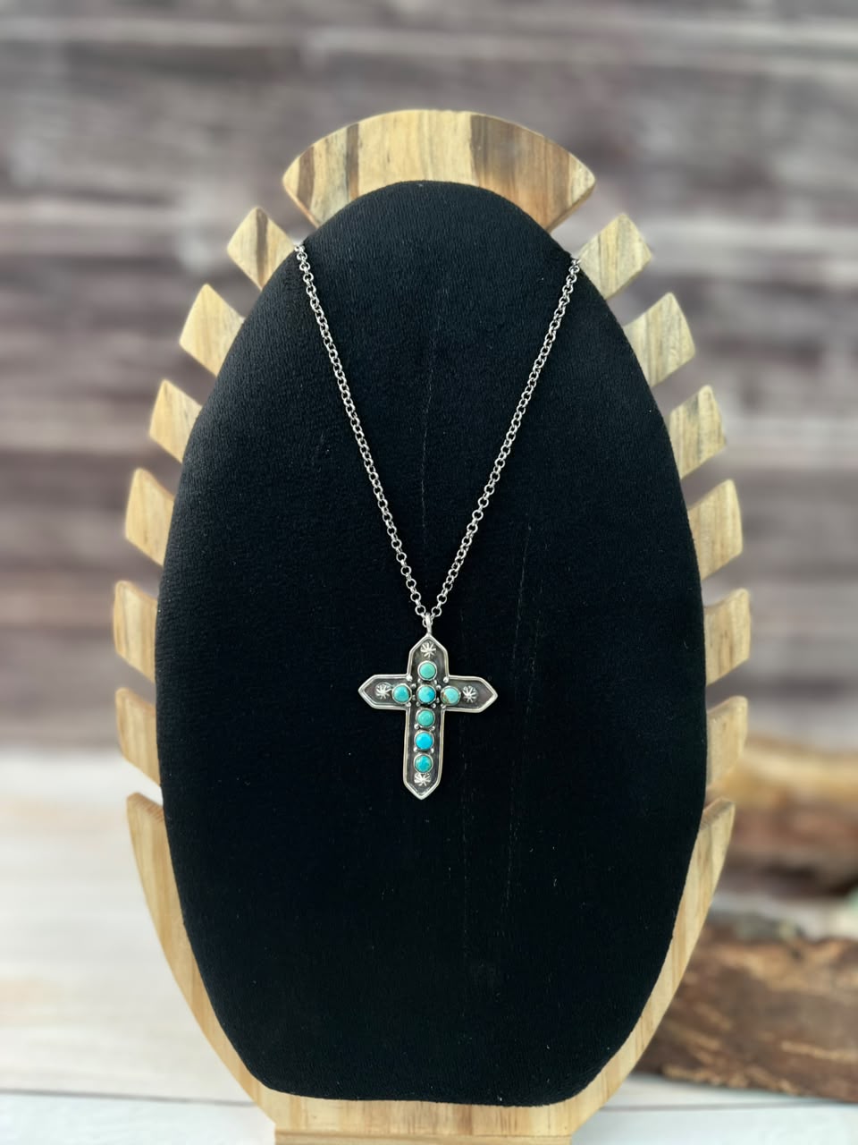 Handmade Sterling Silver Kingman Turquoise Cross Necklace Signed Nizhoni