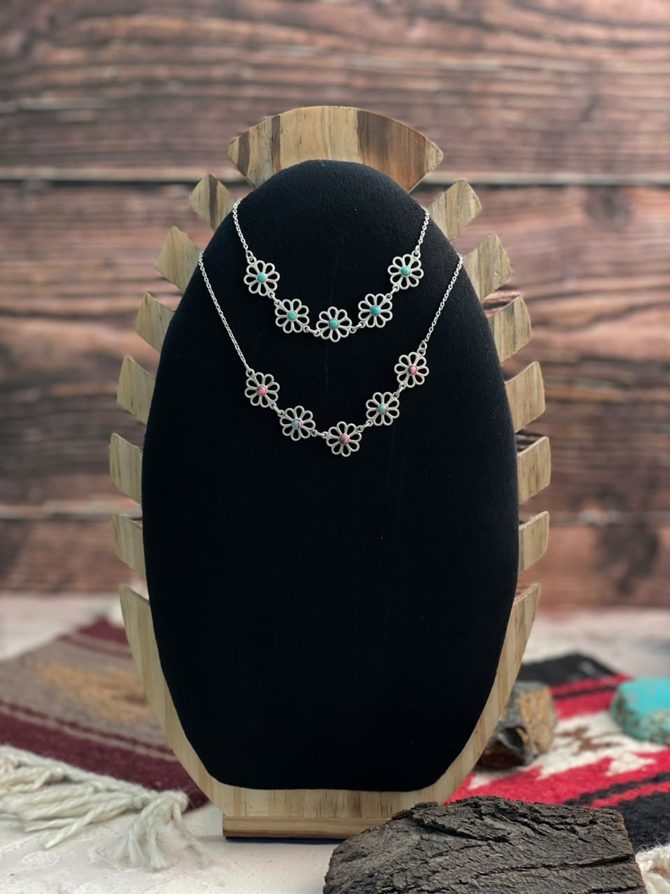 Handmade Sterling Silver Cotton Candy and Kingman Turquoise Flower Collection: Necklace