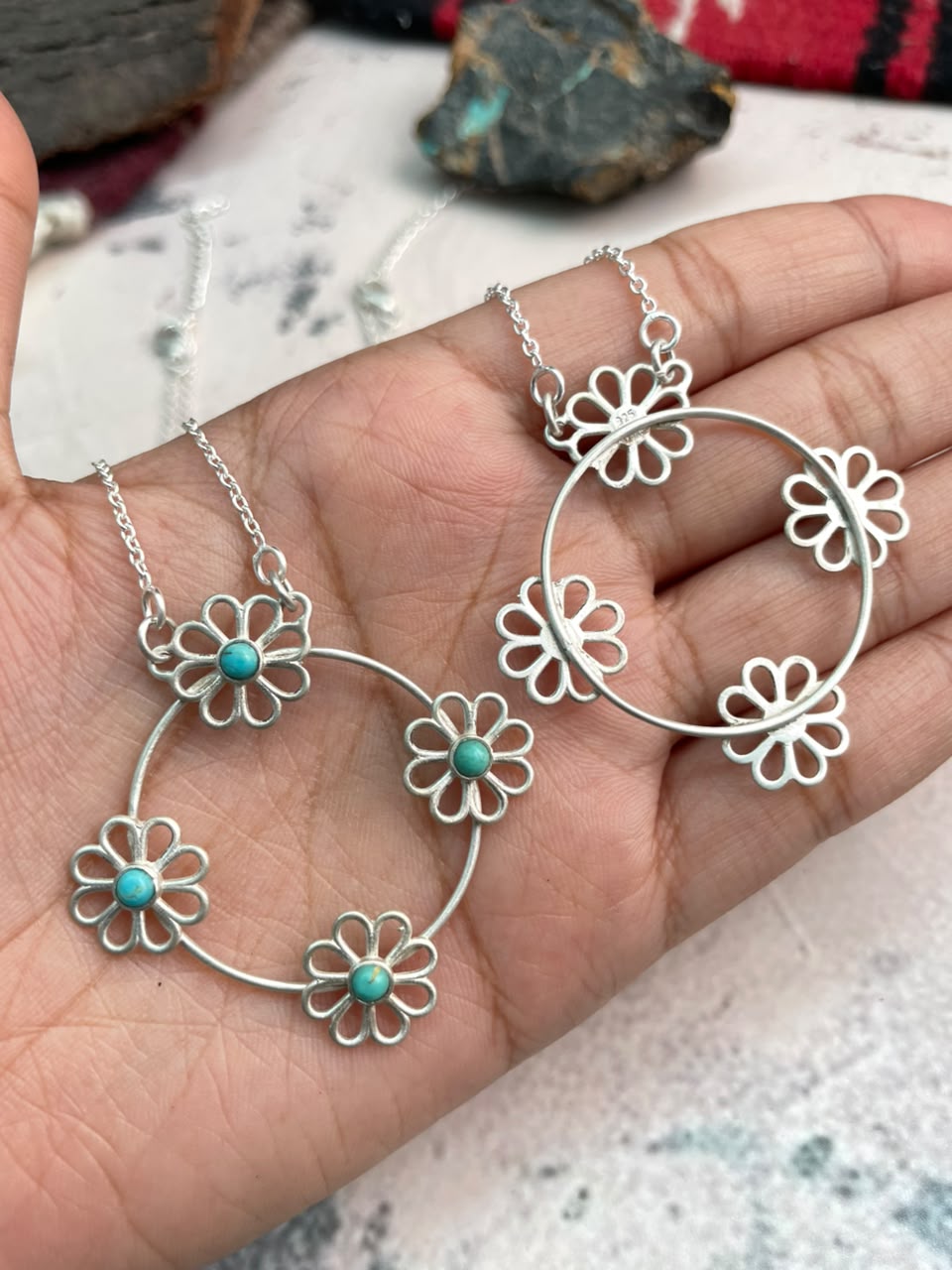 Handmade Sterling Silver Cotton Candy and Kingman Turquoise Flower Collection: Necklace