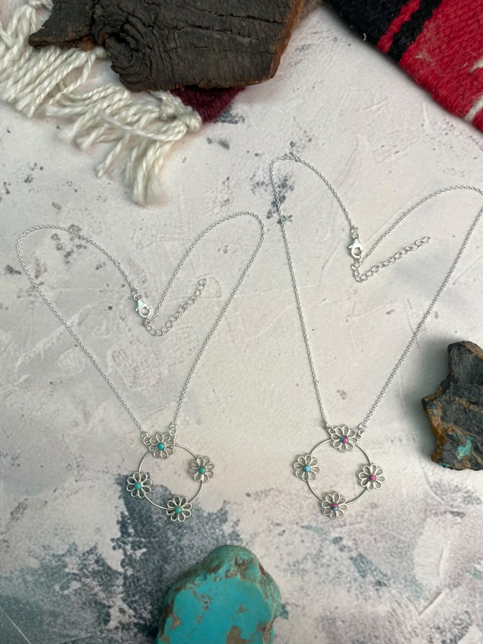 Handmade Sterling Silver Cotton Candy and Kingman Turquoise Flower Collection: Necklace