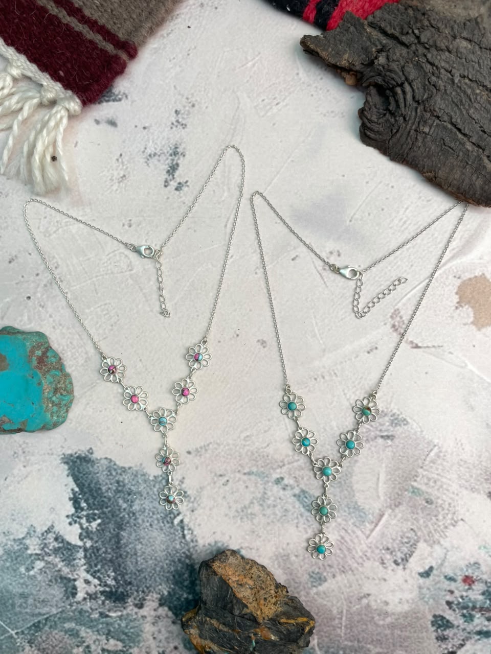 Handmade Sterling Silver Cotton Candy and Kingman Turquoise Flower Collection: Necklace