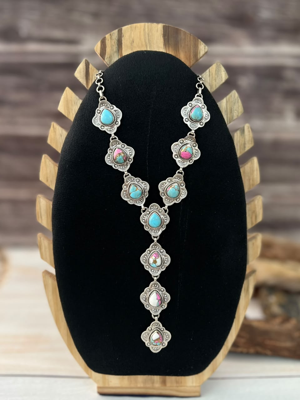 Handmade Sterling Silver Cotton Candy and Kingman Turquoise 'Y Shaped' Necklace Signed Nizhoni