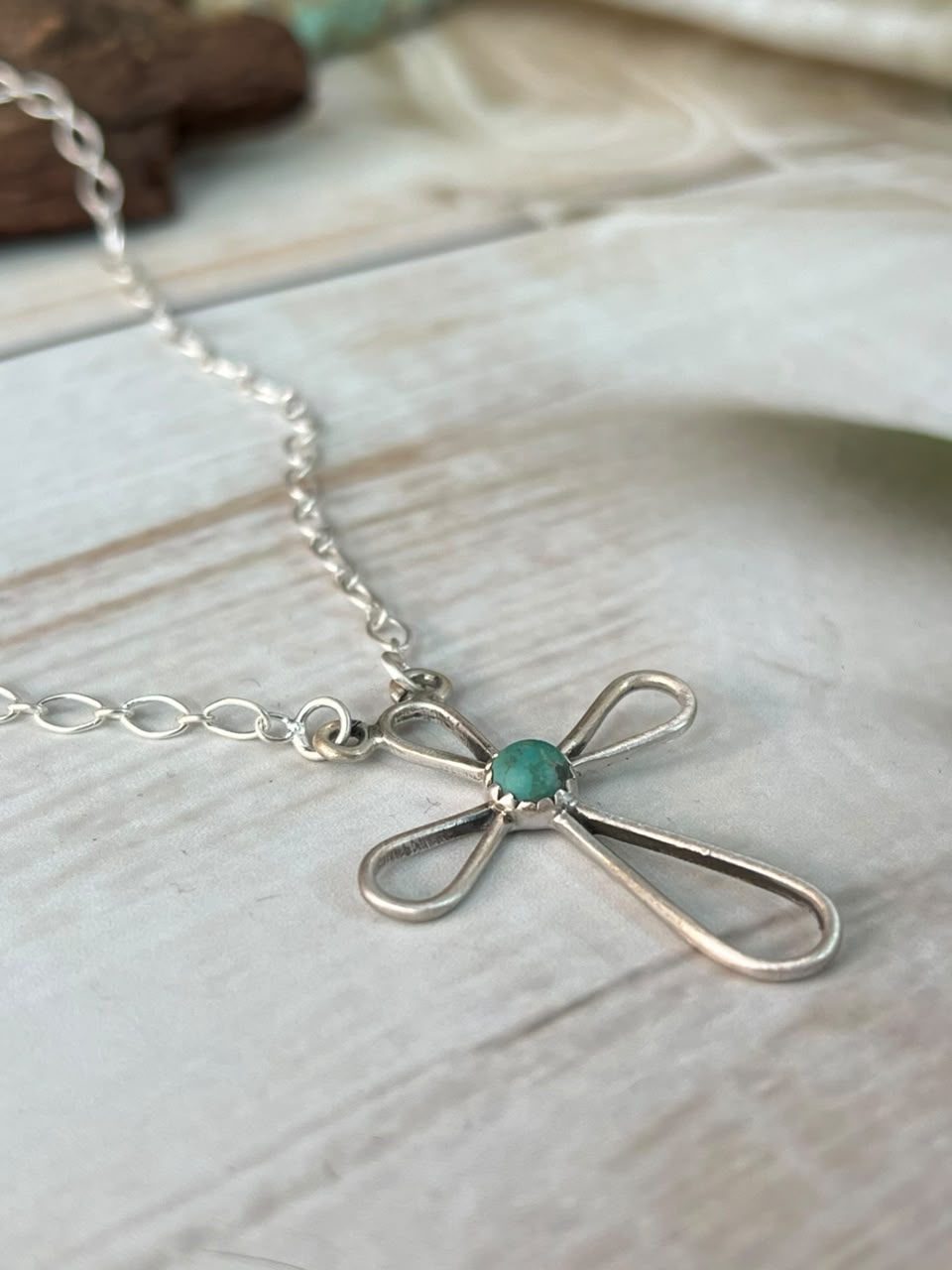 Handmade Sterling Silver Kingman Turquoise Cross Necklace Signed Nizhoni