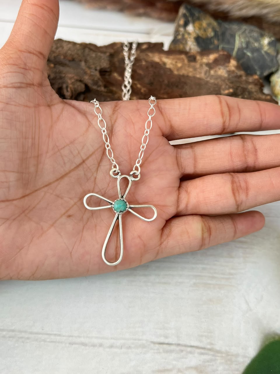 Handmade Sterling Silver Kingman Turquoise Cross Necklace Signed Nizhoni