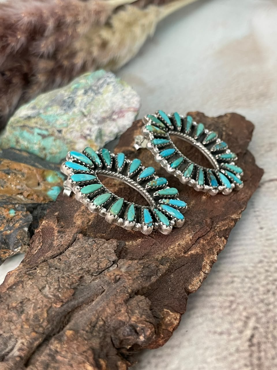 Handmade Sterling Silver Kingman Turquoise Post Studs Earrings Signed Nizhoni
