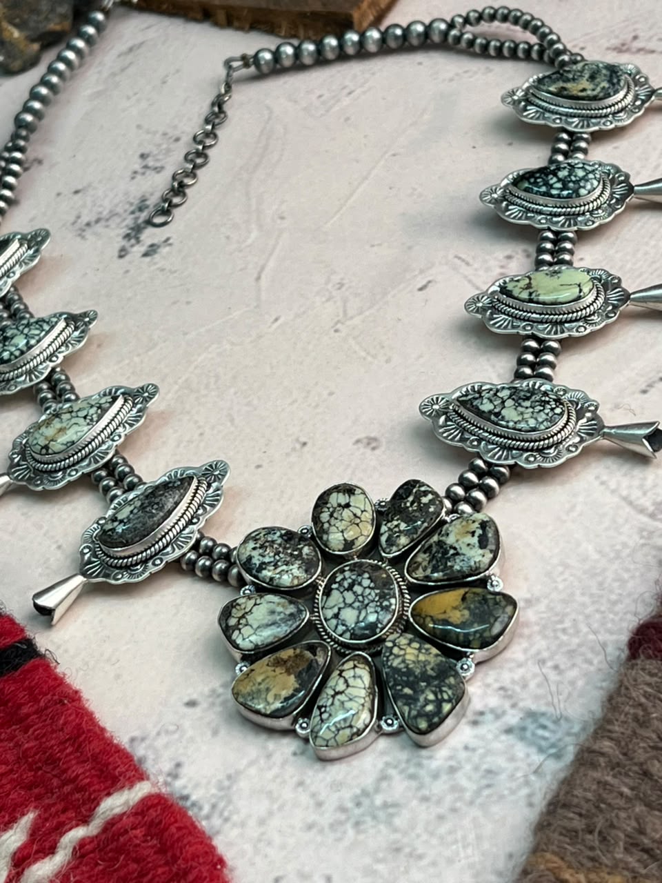 Handmade Sterling Silver Colina Verde Variscite Collection: Beaded Squash Blossom Necklace Signed Nizhoni