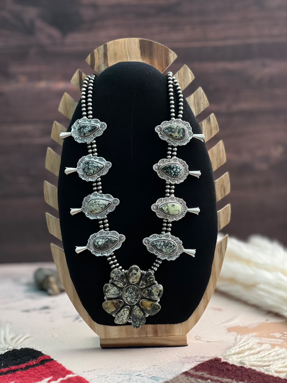 Handmade Sterling Silver Colina Verde Variscite Collection: Beaded Squash Blossom Necklace Signed Nizhoni
