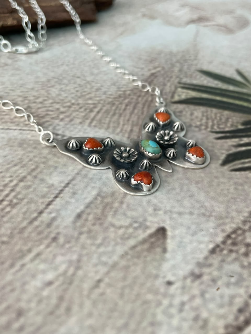 Handmade Sterling Silver Orange Mojave with Kingman Turquoise Butterfly Necklace Signed Nizhoni