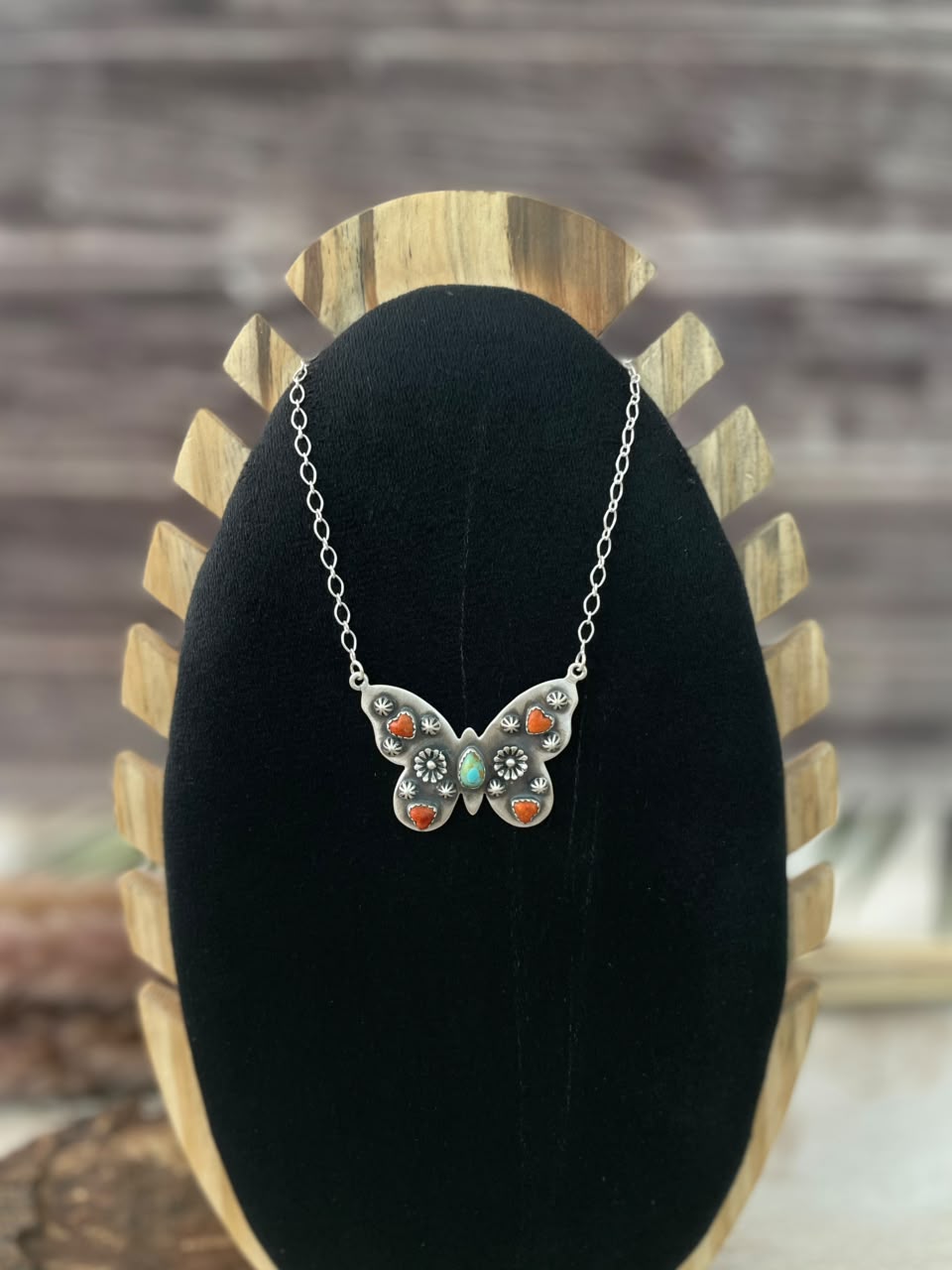 Handmade Sterling Silver Orange Mojave with Kingman Turquoise Butterfly Necklace Signed Nizhoni