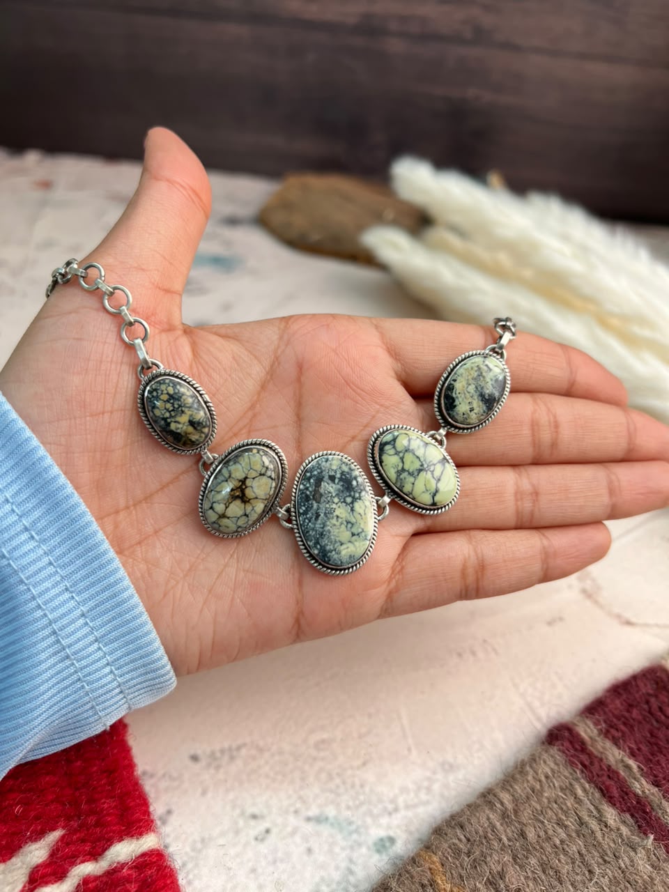 Handmade Sterling Silver Colina Verde Variscite Collection: Choker Necklace Signed Nizhoni