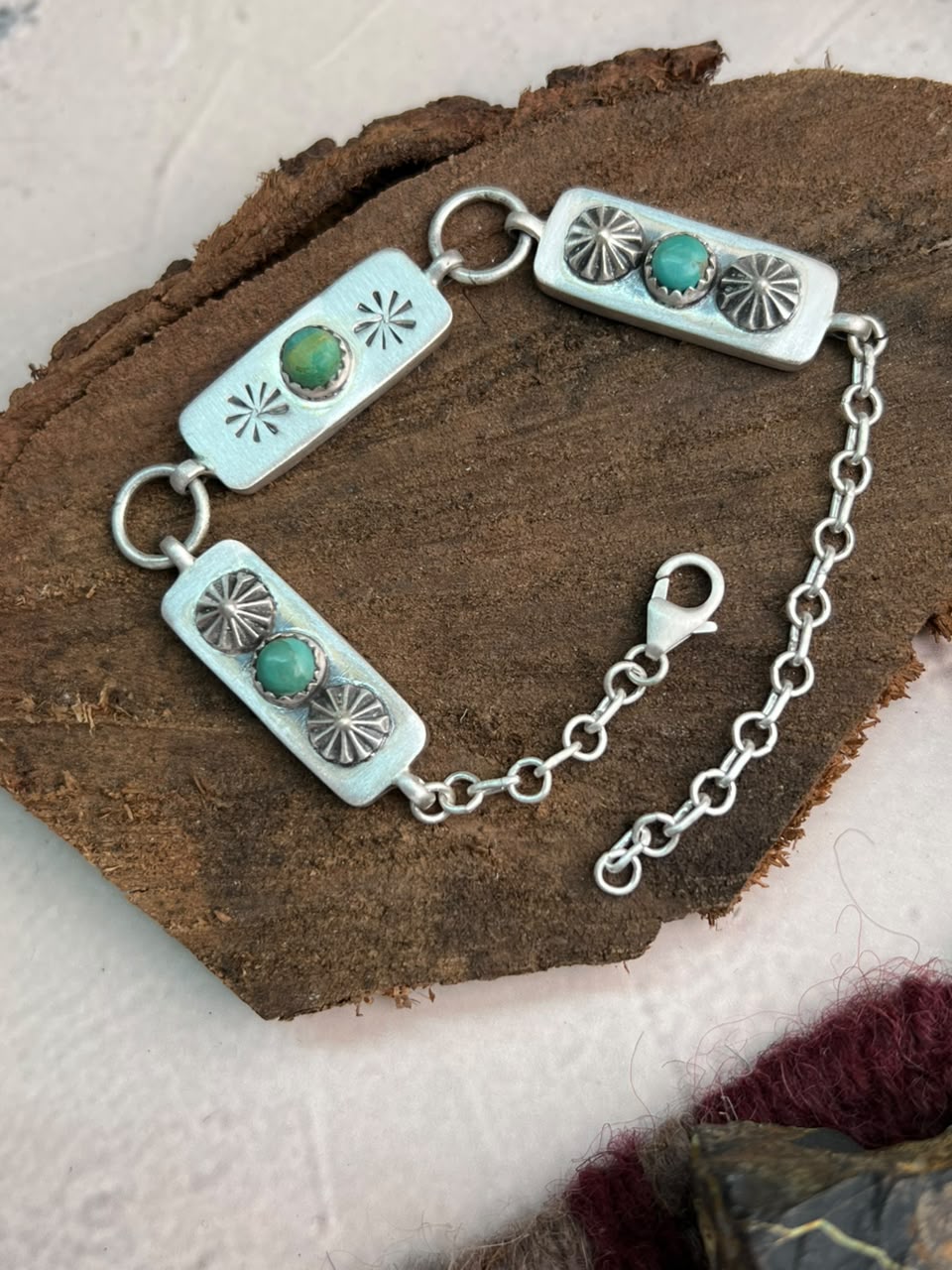 Handmade Sterling Silver Kingman Turquoise Chain Bracelet Signed Nizhoni