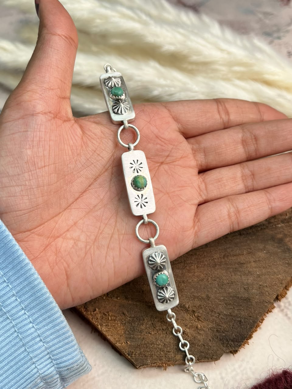 Handmade Sterling Silver Kingman Turquoise Chain Bracelet Signed Nizhoni