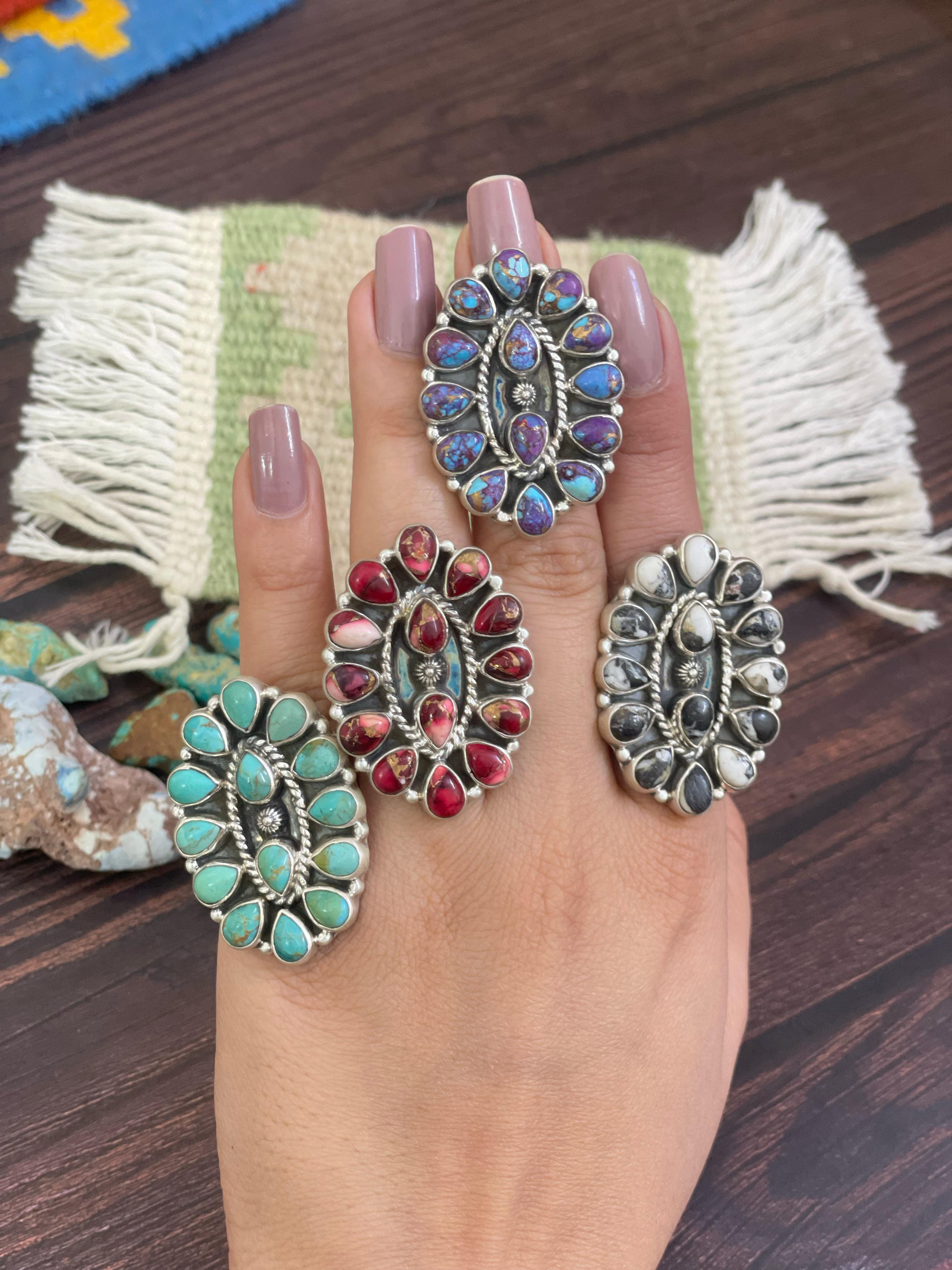 Handmade Sterling Silver Red Rose Dahlia, White Buffalo, Kingman, Purple Copper Turquoise Adjustable Rings, Signed Nizhoni