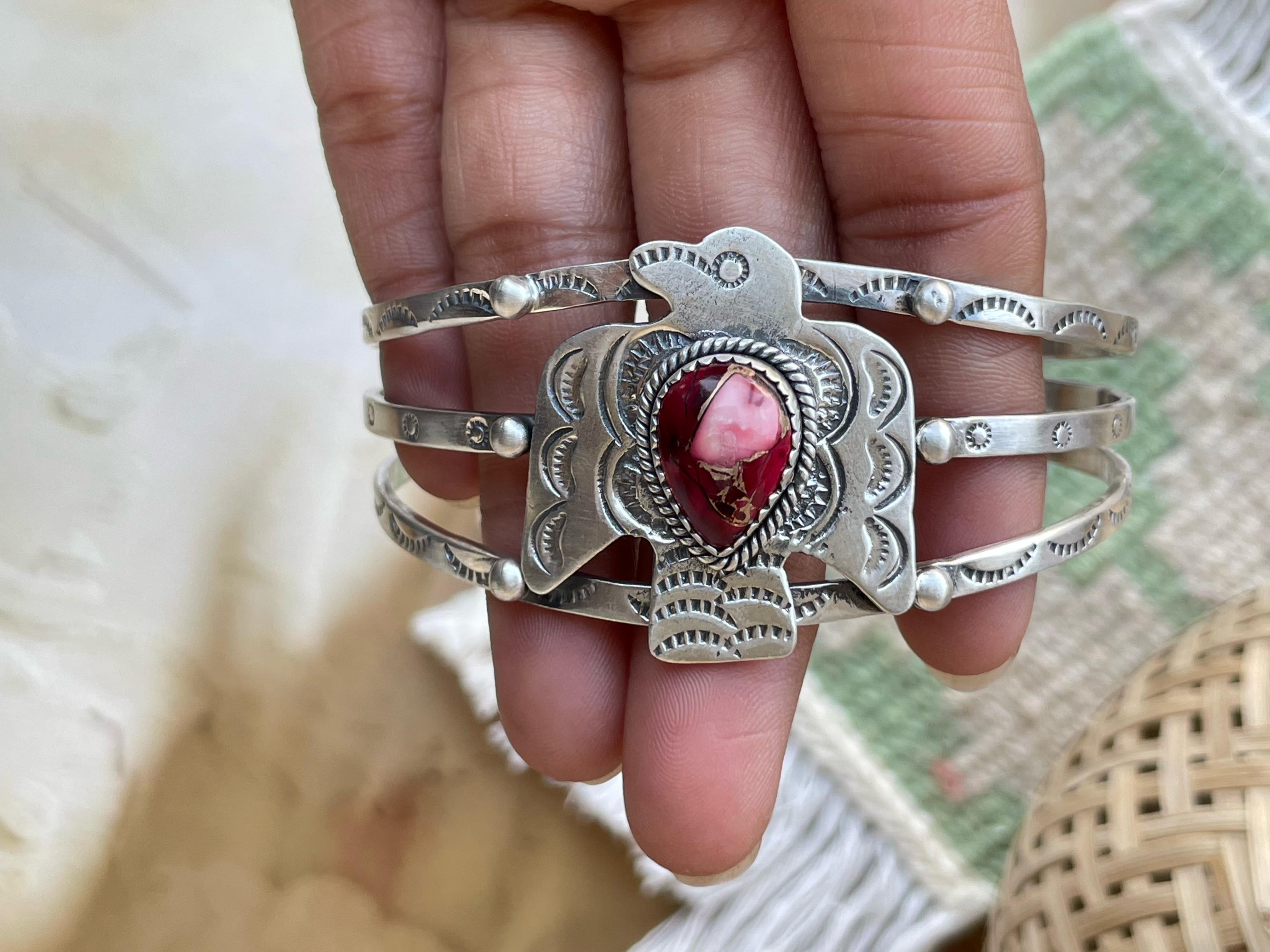 Handmade Sterling silver thunderbird Cuff Bracelet, Options-Golden Hills, Number 8, Sonoran Mountain, Red Dahlia Rose, Cuff Signed Nizhoni