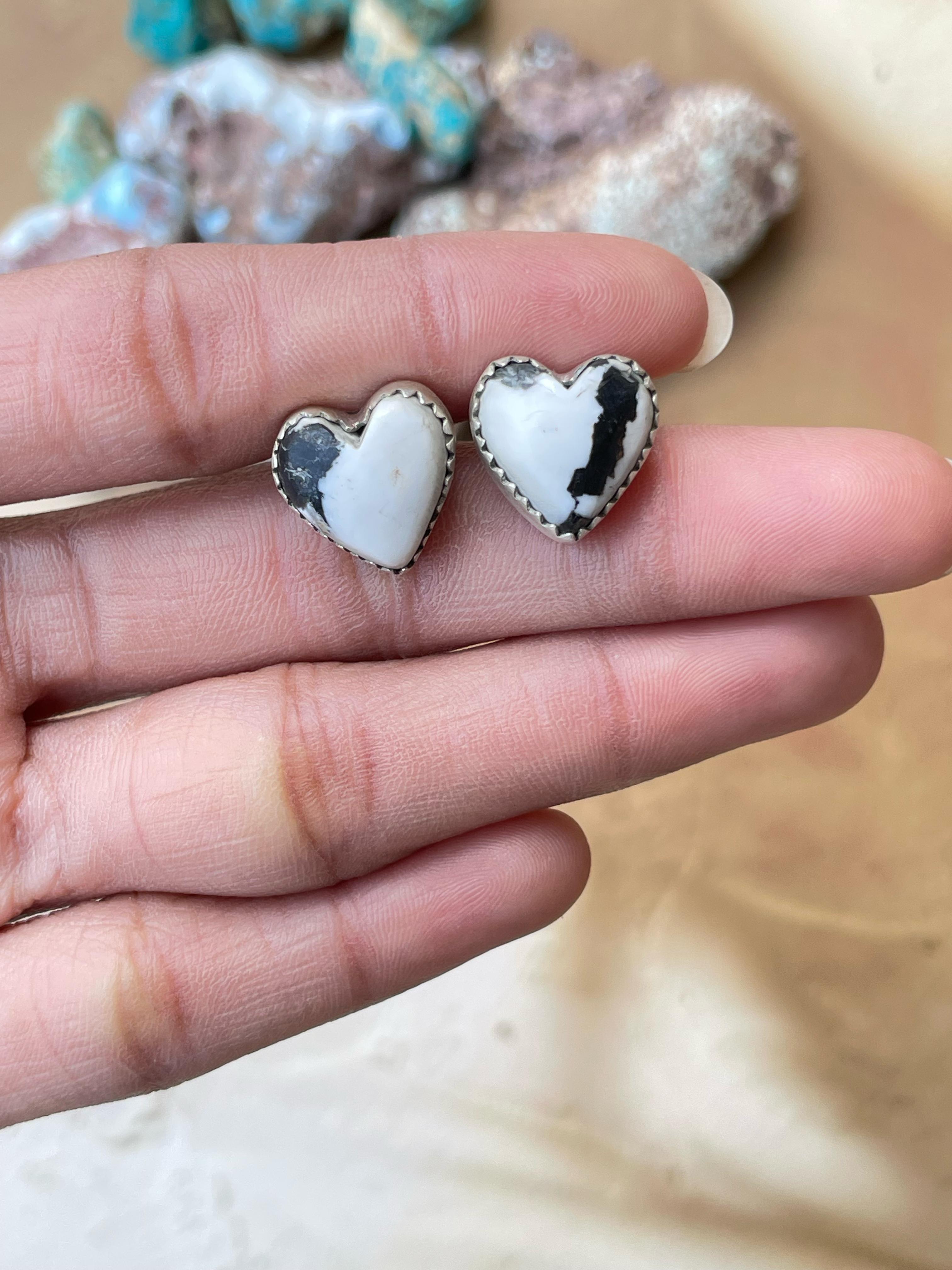 Handmade Sterling Silver heart post earrings Options- dahlia rose, mojave, royston turquoise, black onyx, lapis, white buffalo - Signed Nizhoni