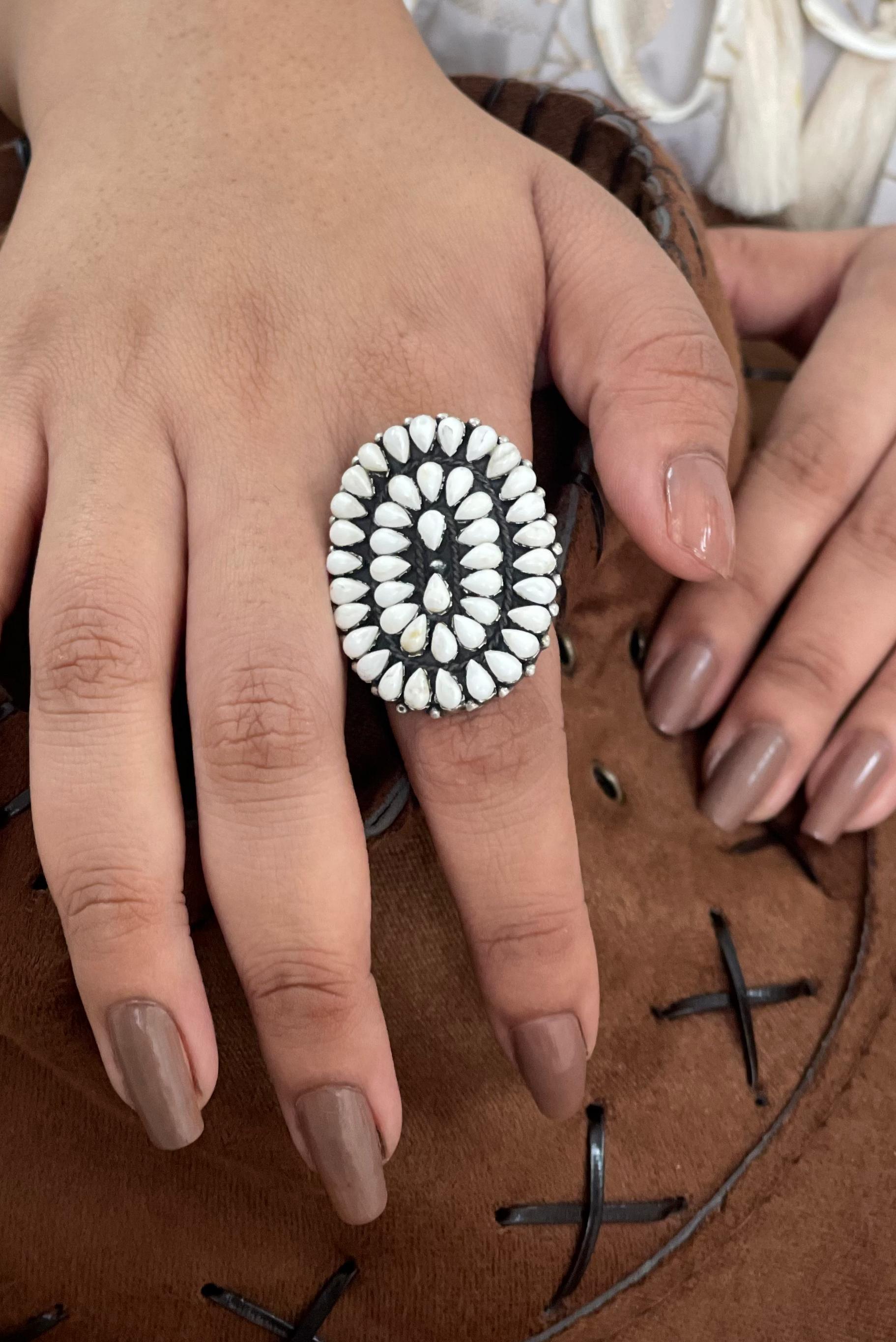 Handmade Sterling Silver White Buffalo Turquoise Adjustable Ring with Signed Nizhoni (1)