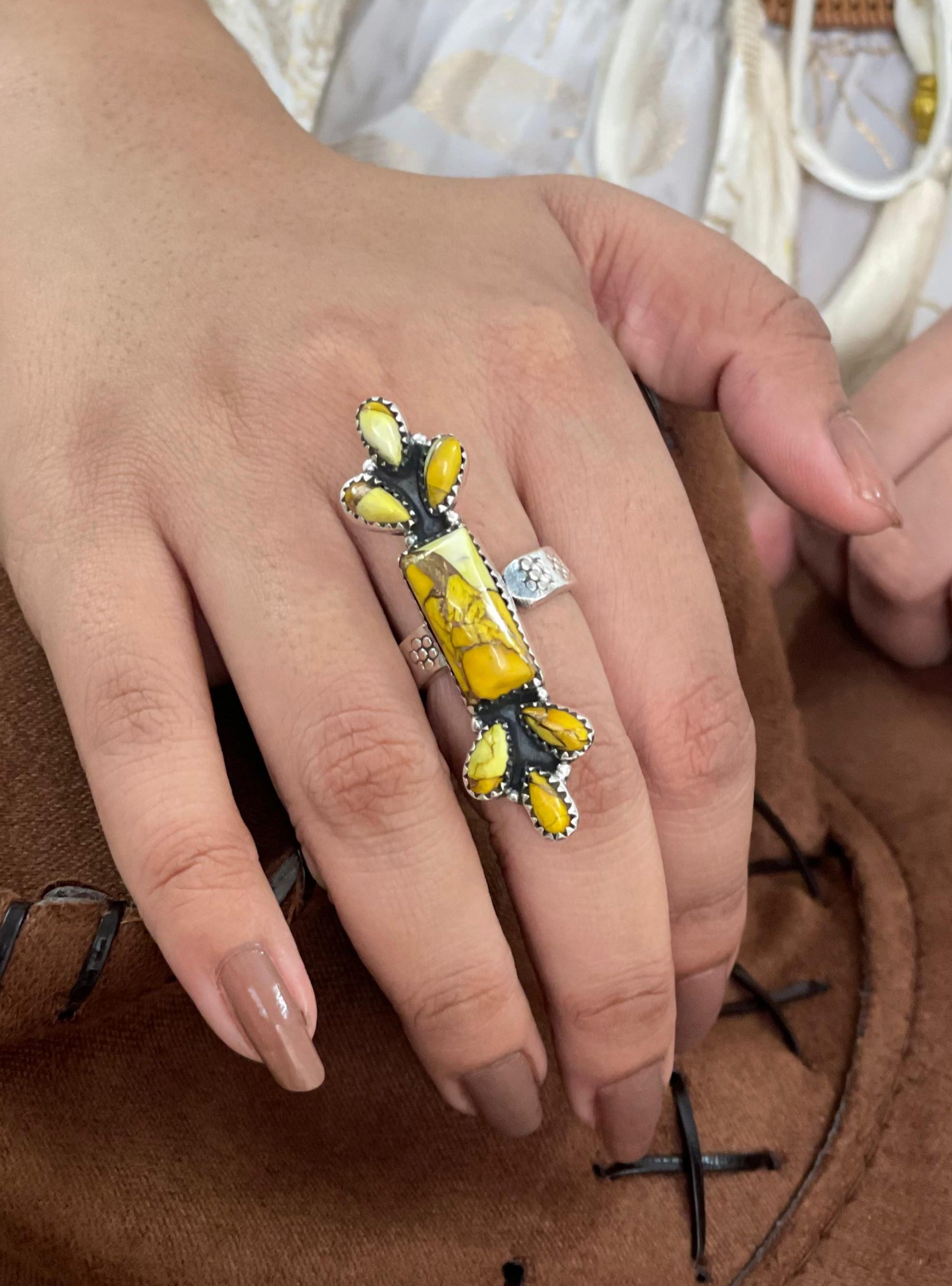 Handmade Sterling Silver Honey Dahlia Adjustable Ring with Signed Nizhoni