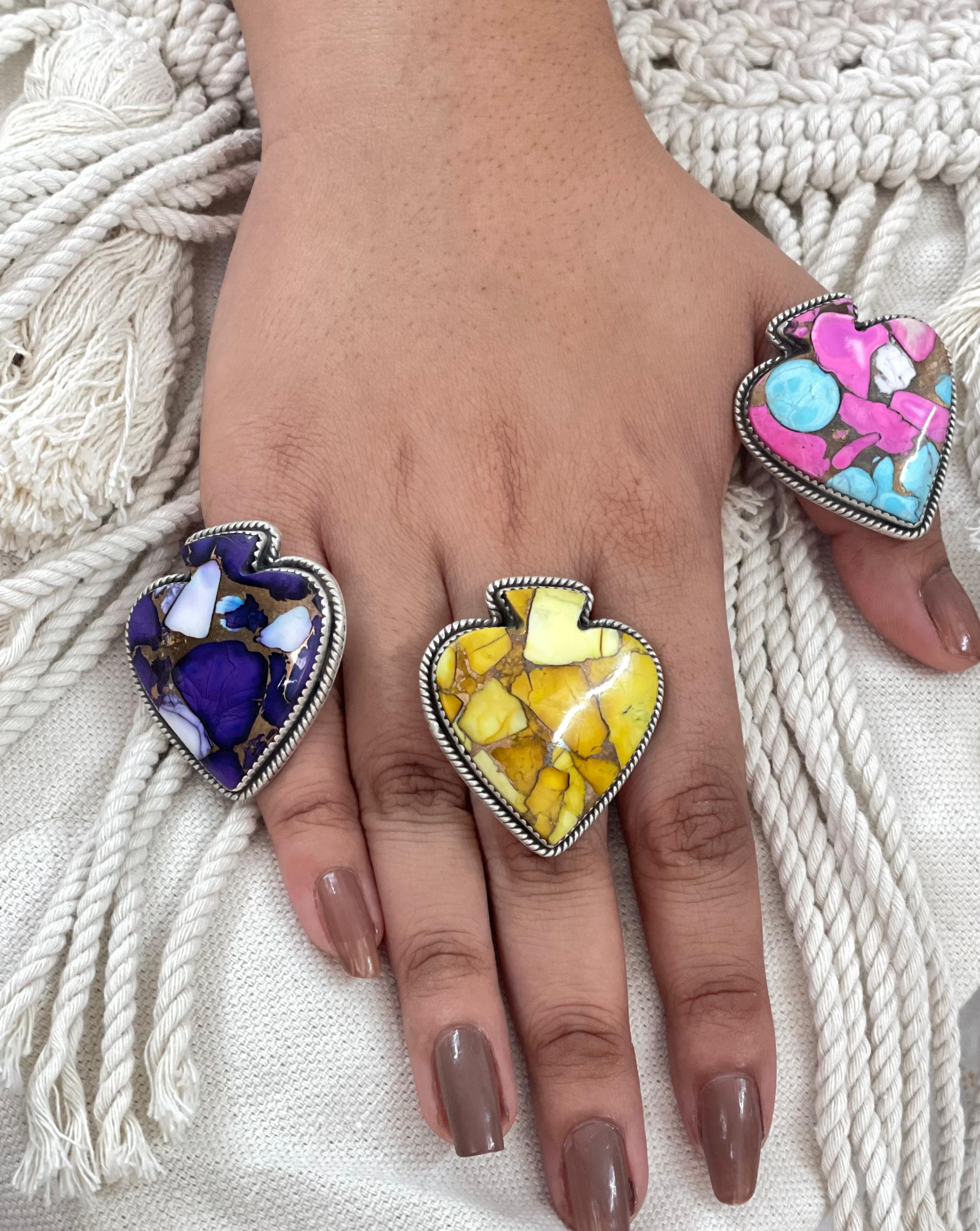 Handmade Sterling Silver Multi Stone Spade Adjustable Ring with Signed Nizhoni