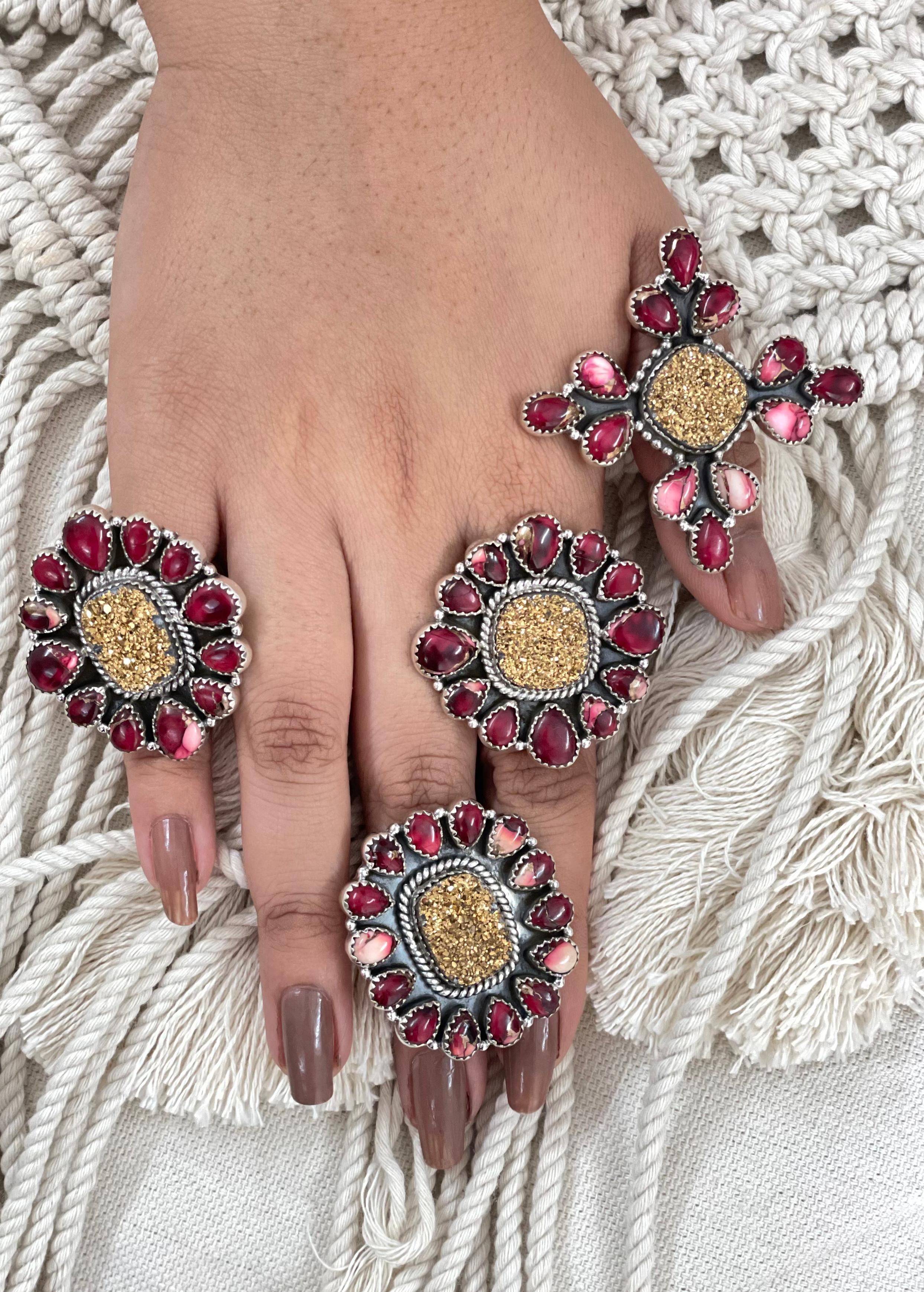 Handmade Sterling Silver Dahlia Rose with Druzy Adjustable Ring with Signed Nizhoni (7)