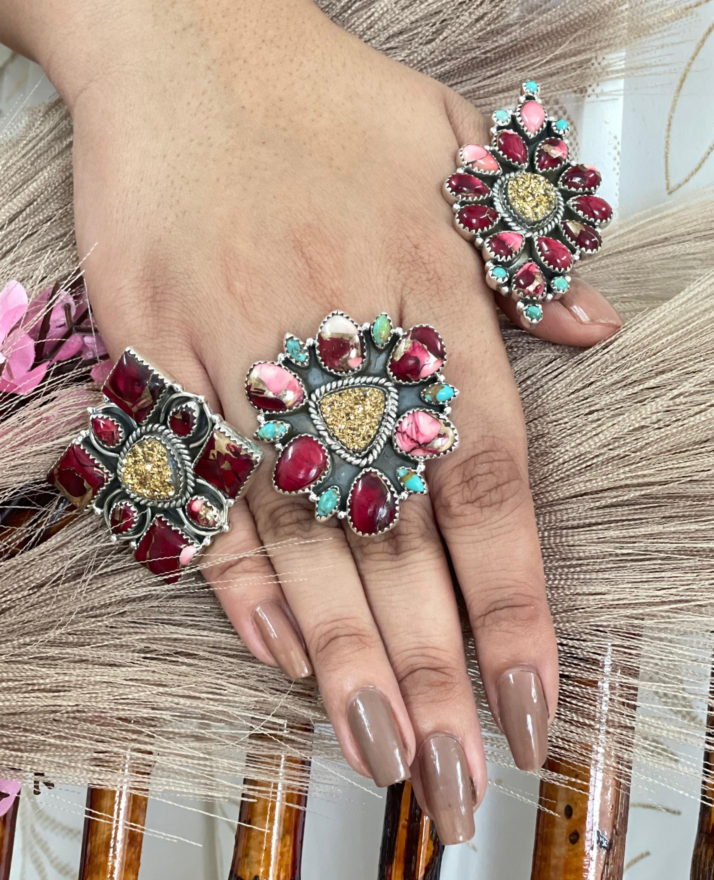 Handmade Sterling Silver Dahlia Rose with Druzy & Kingman Adjustable Ring, Signed Nizhoni