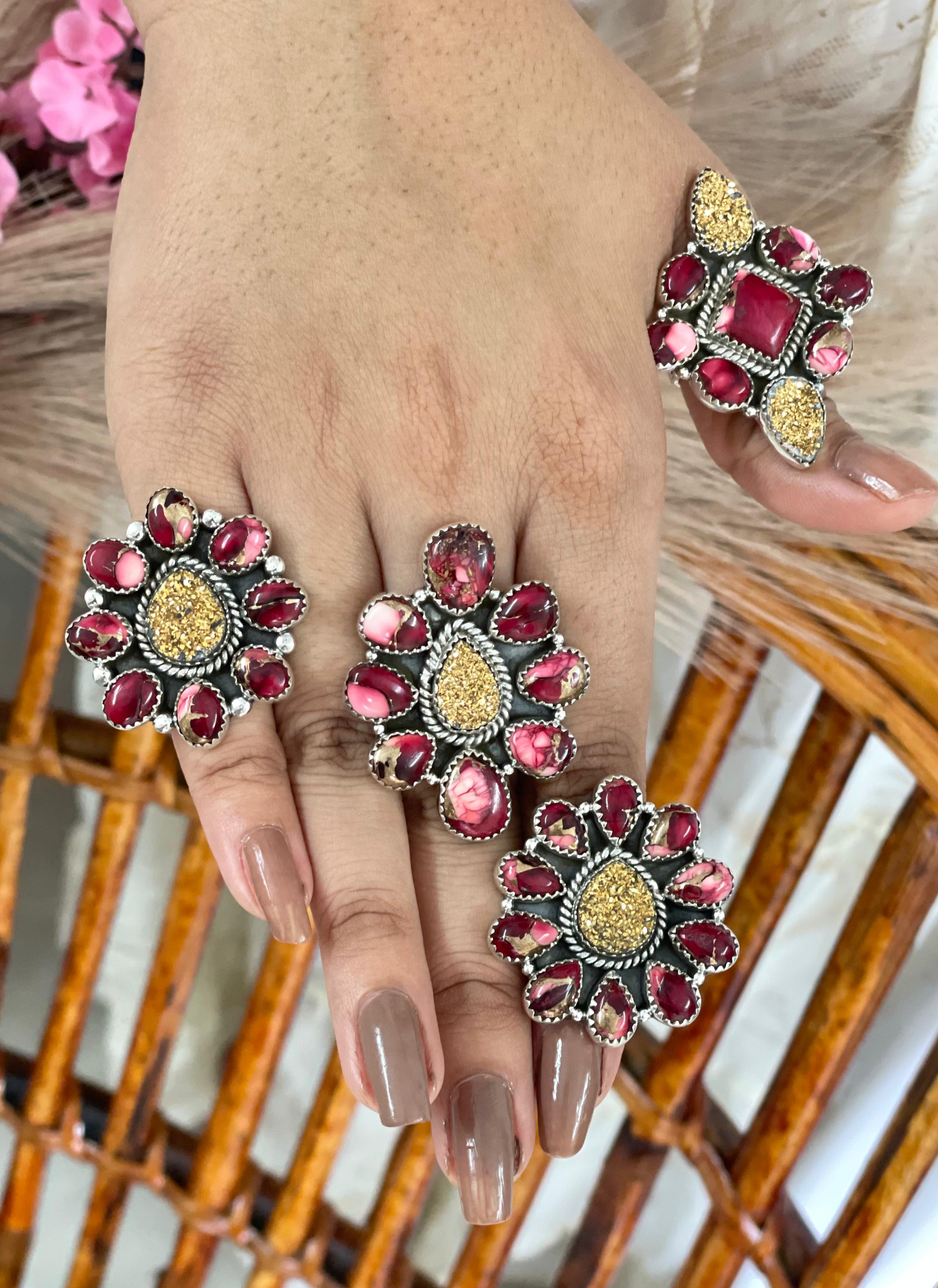 Handmade Sterling Silver Dahlia Rose with Druzy Adjustable Ring with Signed Nizhoni