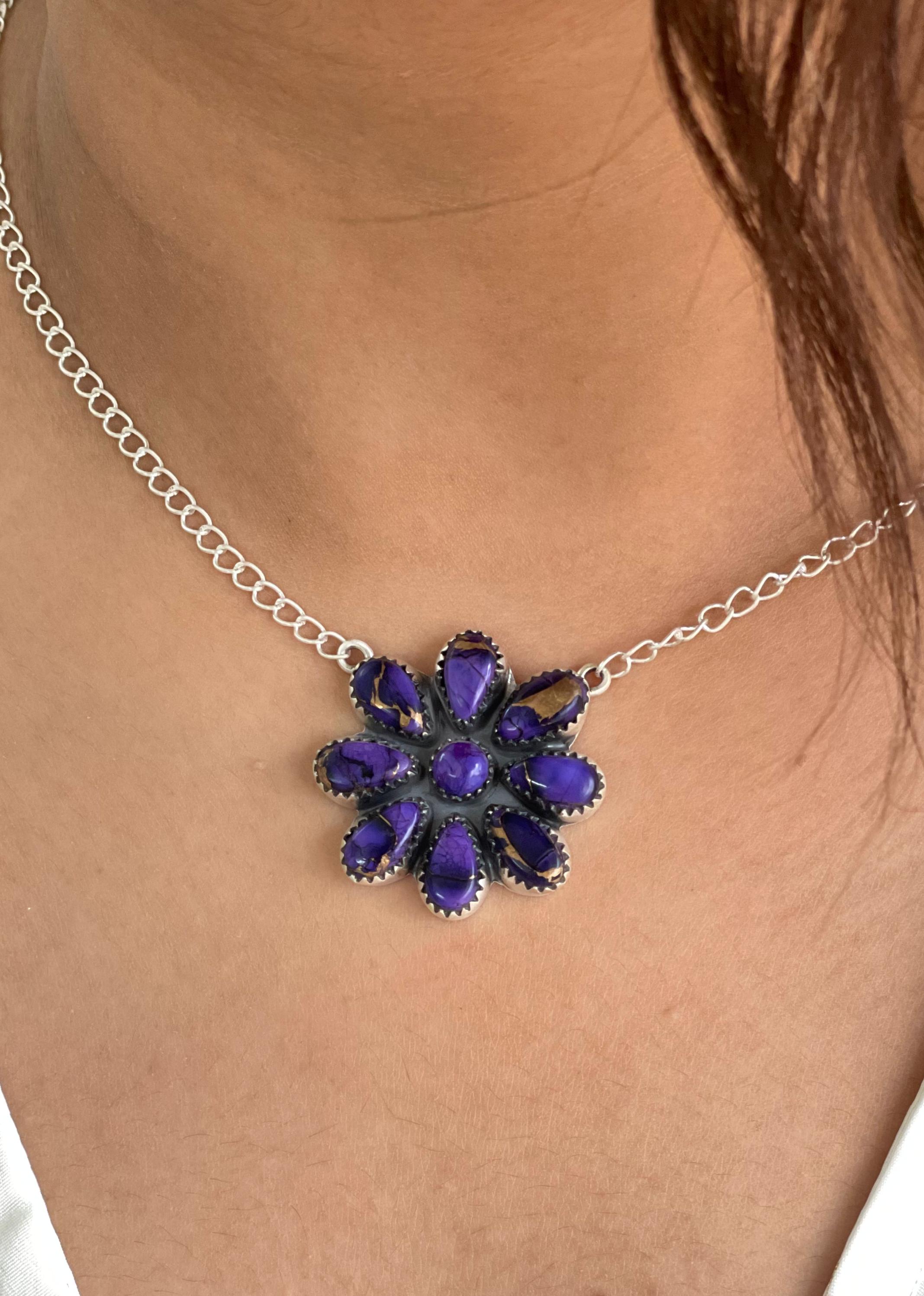 Handmade Sterling Silver Grape Dahlia Flower Necklace with Signed Nizhoni