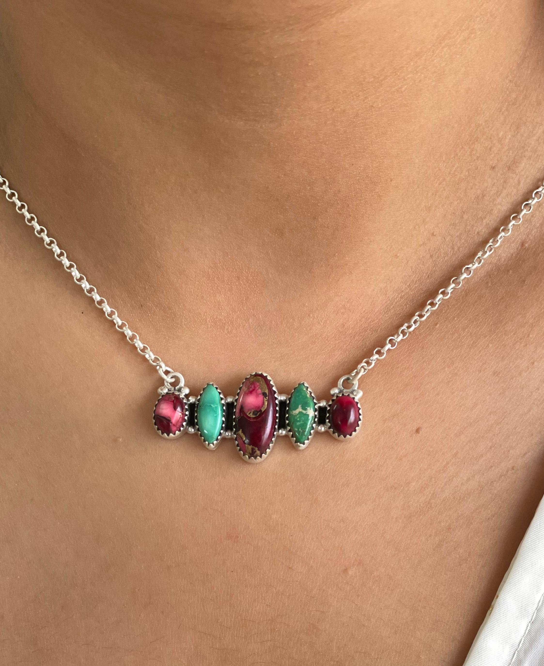 Handmade Sterling Silver Dahlia Rose with Emerald Valley Bar Necklace with Signed Nizhoni