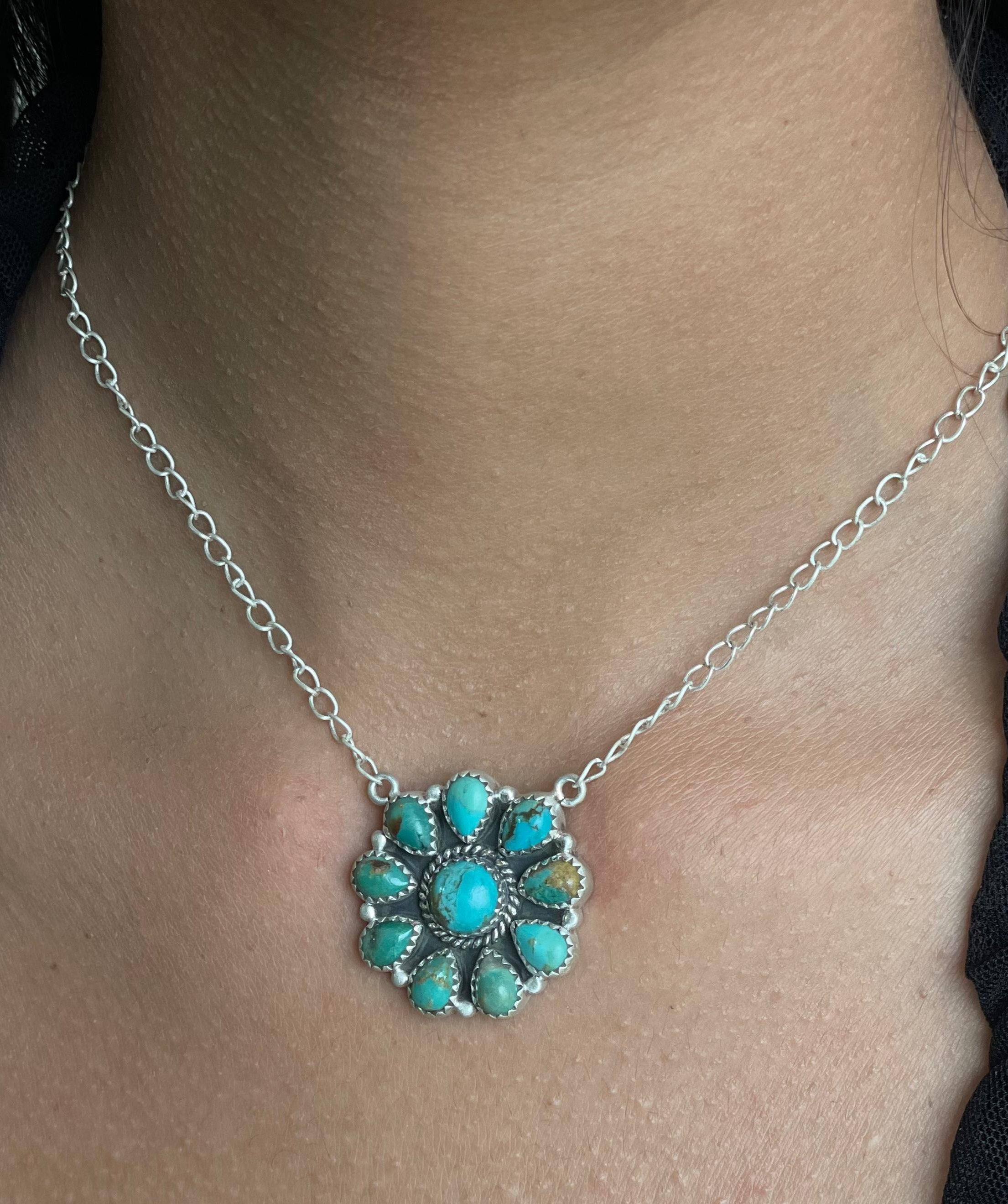 Handmade Sterling Silver Kingman Turquoise Necklace with Signed Nizhoni