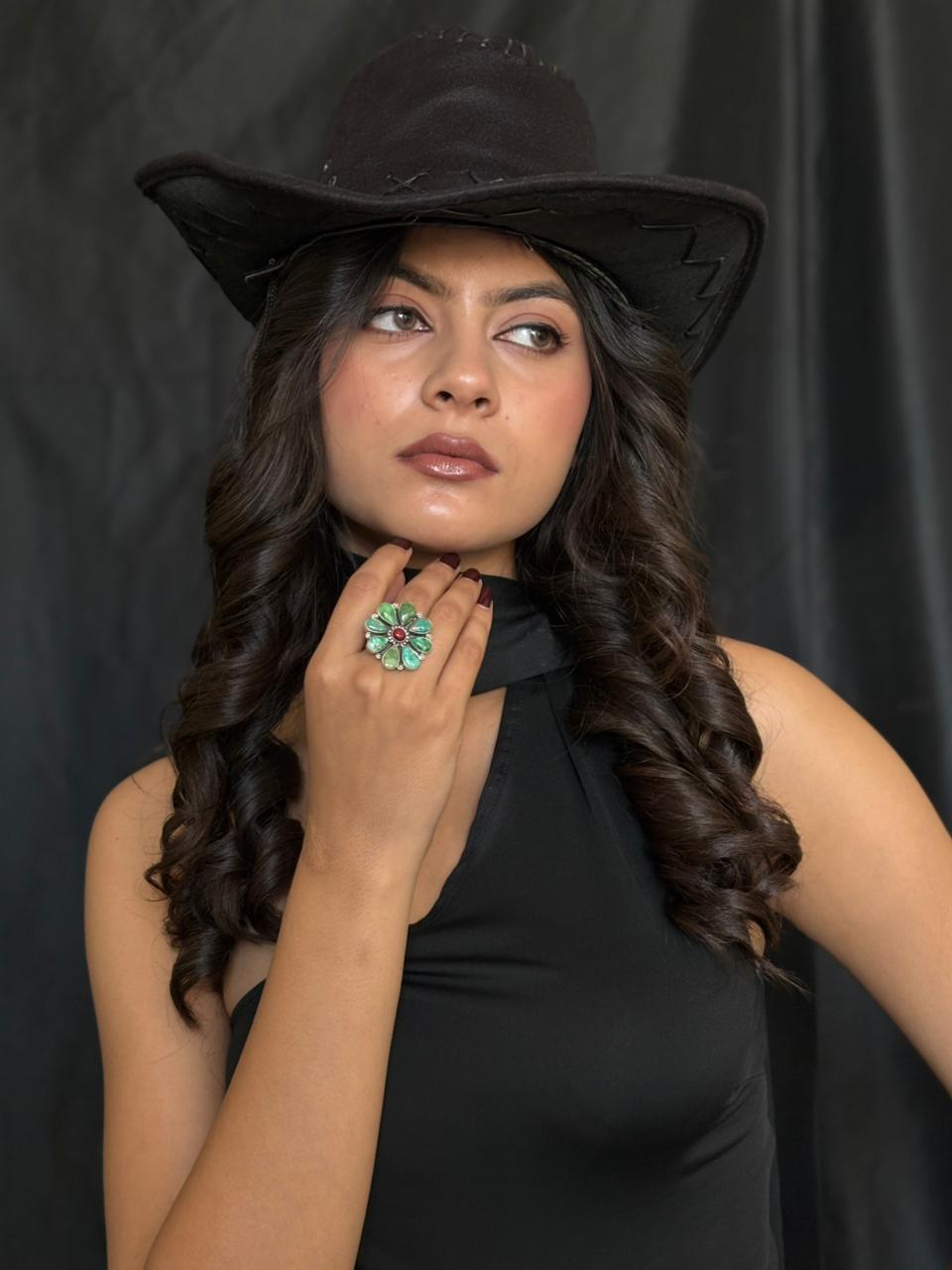 Handmade Sterling Silver Dahlia Rose With Emerald Valley Turquoise Ring "Signed Nizhoni"