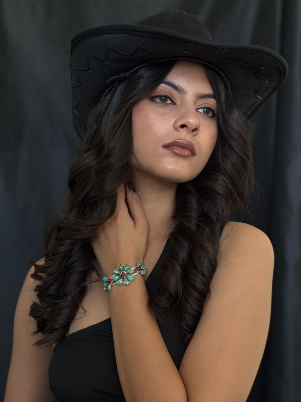 Handmade Sterling Silver Dahlia Rose with Emerald Valley Turquoise Cuff Bracelet "Signed Nizhoni"