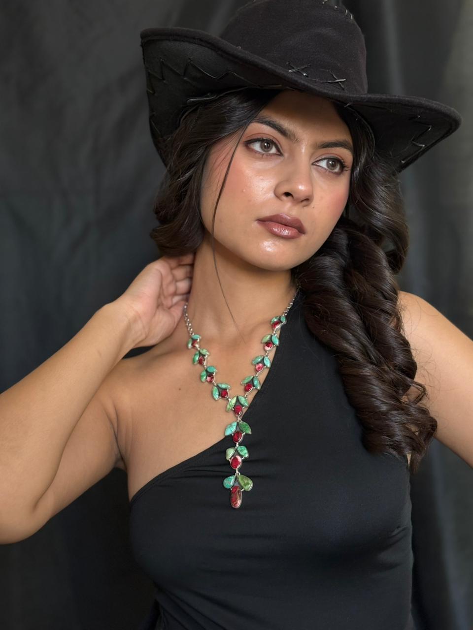 Handmade Sterling Silver Dahlia Rose with Emerald Valley Turquoise Necklace "Signed Nizhoni"