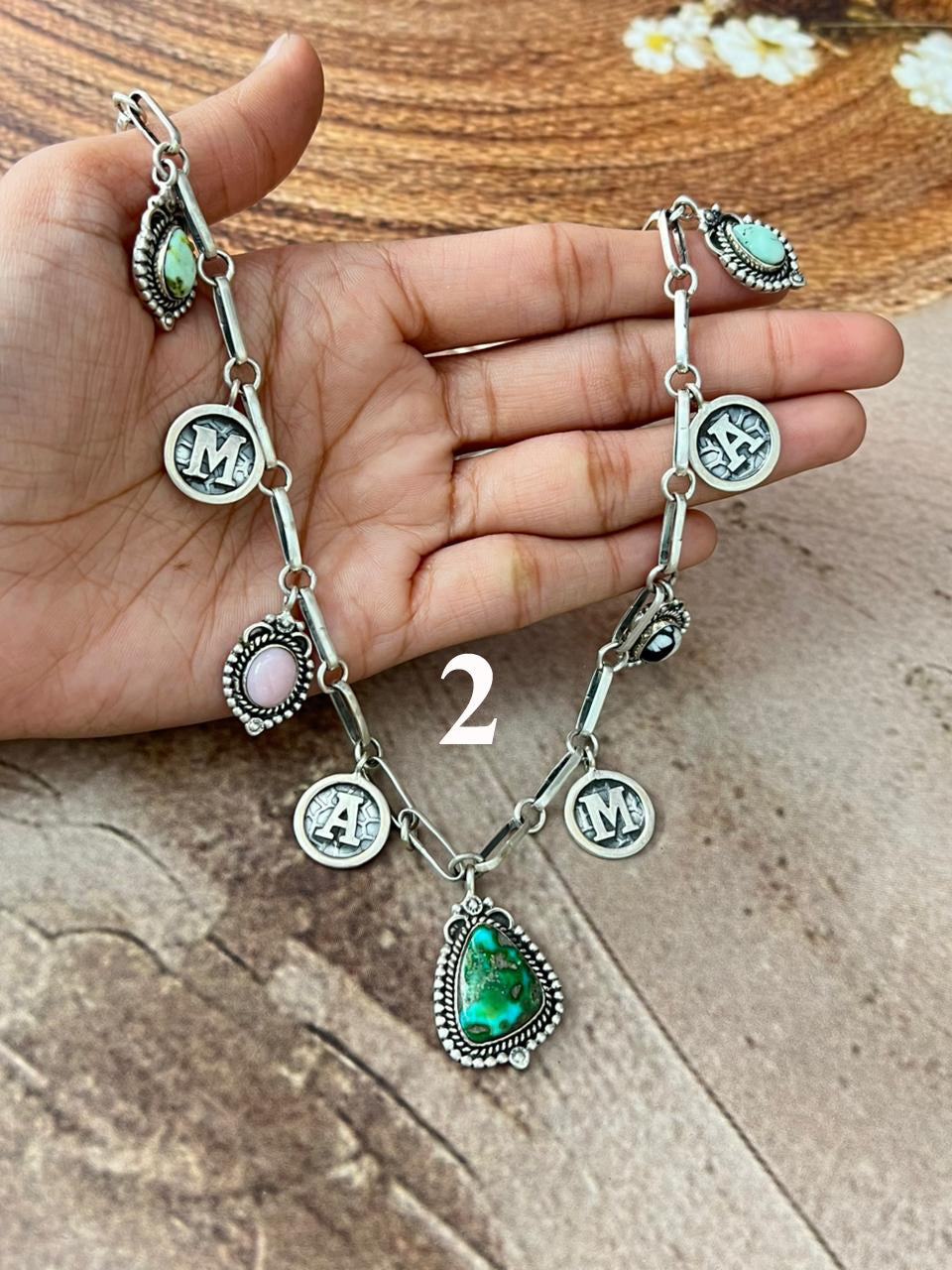 Handmade Sterling Silver Mama Collection: Pink Opal with Sonoran Mountain, Paloma,White Buffalo and Palomino Turquoise Necklace "Signed Nizhoni"