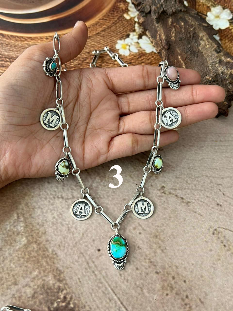Handmade Sterling Silver Mama Collection: Pink Opal with Sonoran Mountain, Paloma and Palomino Turquoise Necklace "Signed Nizhoni"
