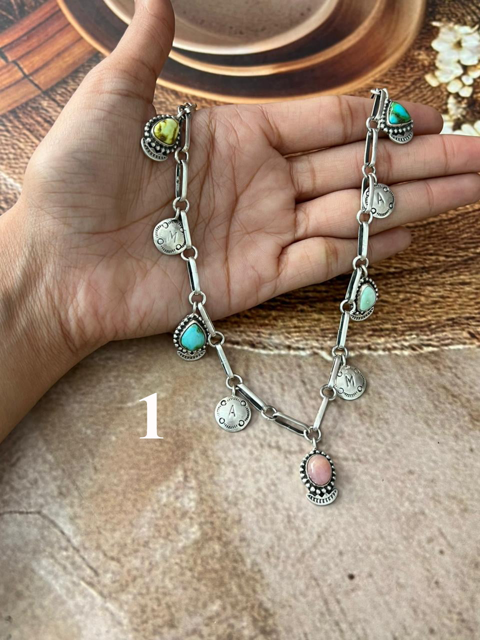 Handmade Sterling Silver Mama Collection: Pink Opal with Sonoran Mountain, Paloma and Palomino Turquoise Necklace "Signed Nizhoni"