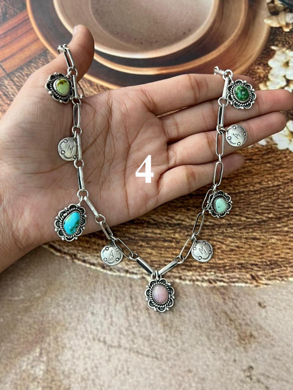 Handmade Sterling Silver Mama Collection: Pink Opal with Sonoran Mountain, Paloma and Palomino Turquoise Necklace "Signed Nizhoni"