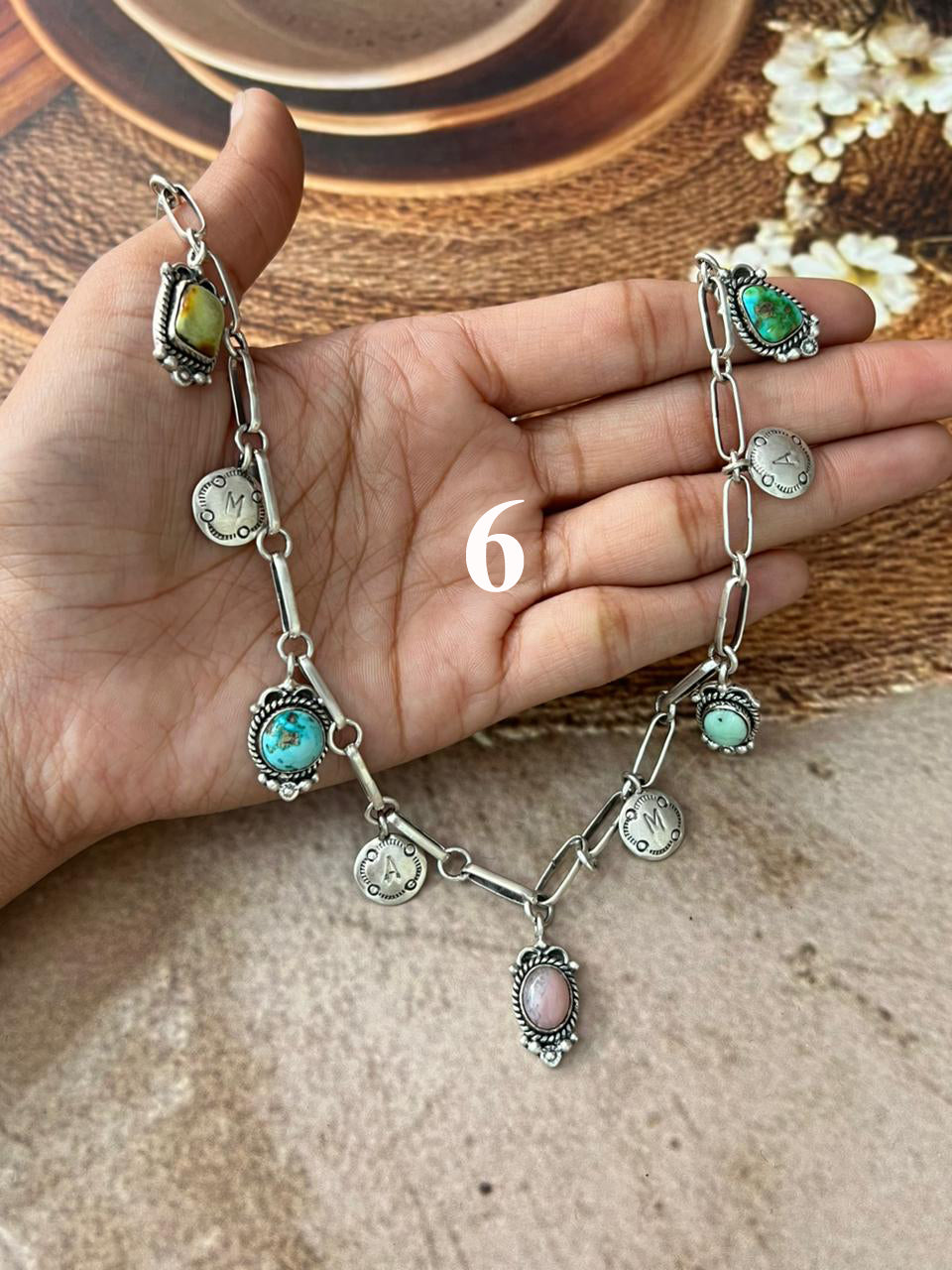 Handmade Sterling Silver Mama Collection: Pink Opal with Sonoran Mountain, Paloma and Palomino Turquoise Necklace "Signed Nizhoni"