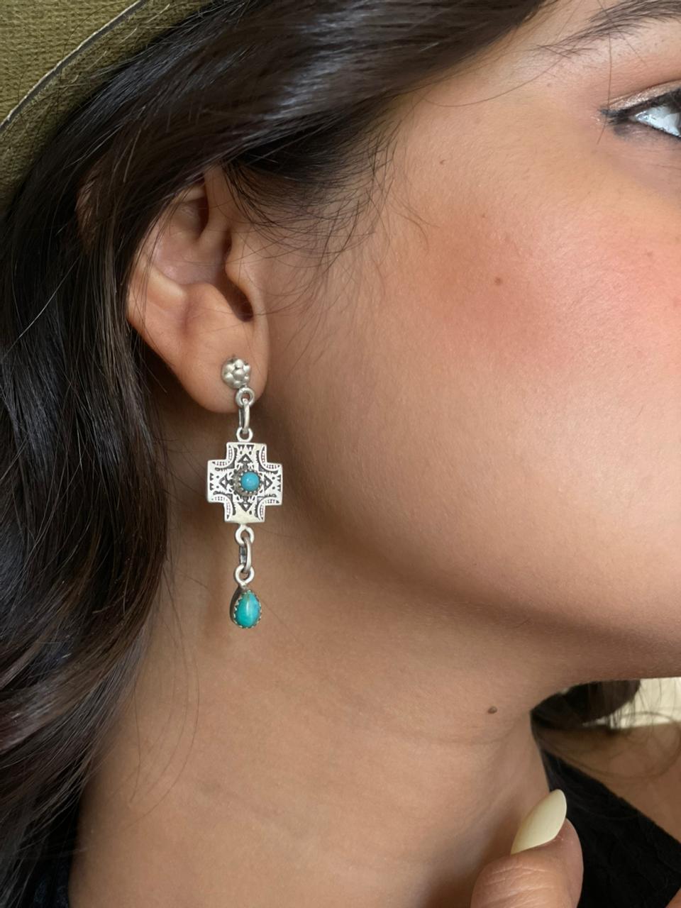 Handmade Sterling Silver Cross Kingman Turquoise Post Dangle Earrings "Signed Nizhoni"