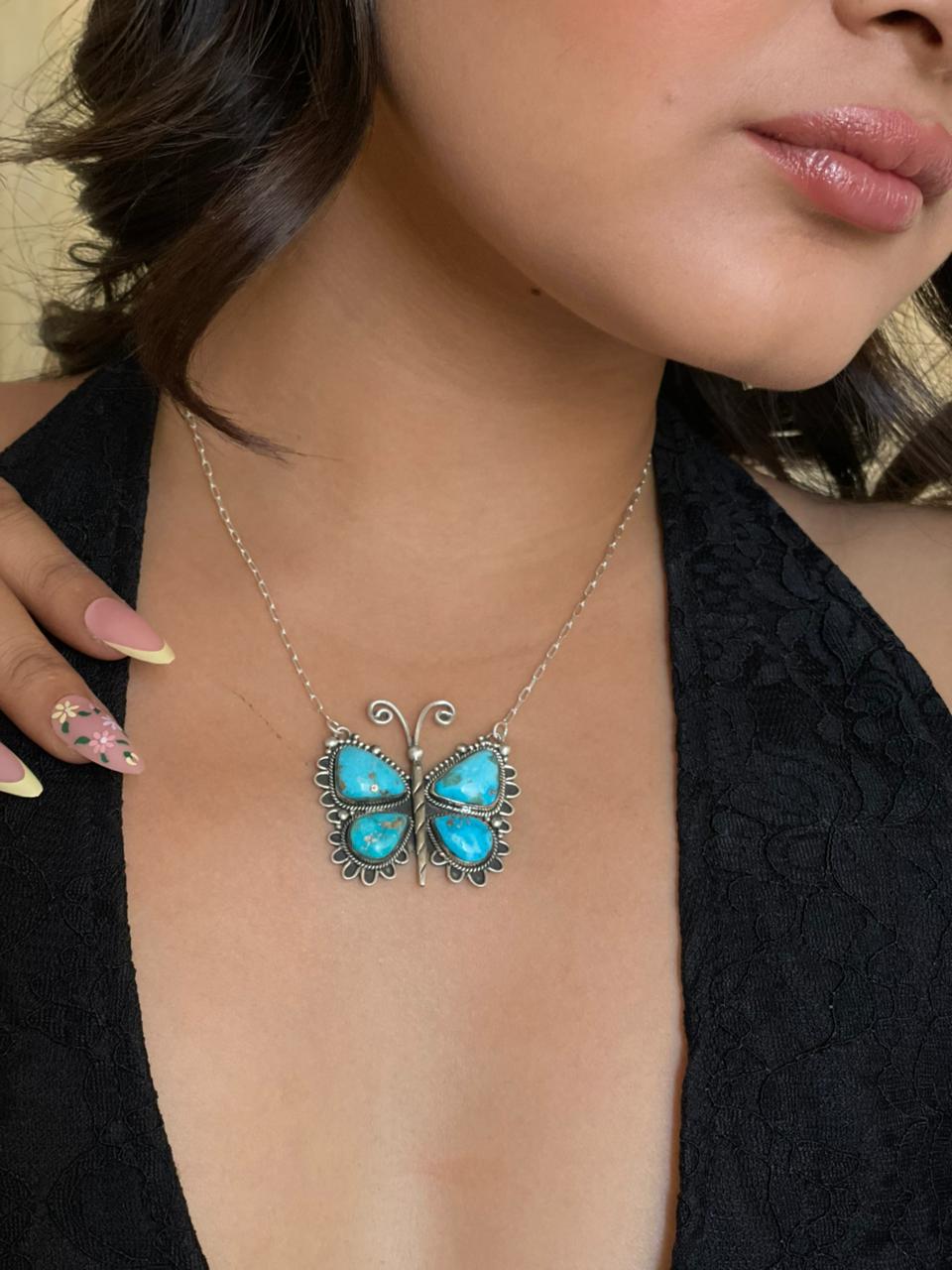 Handmade Sterling Silver White Water Turquoise Butterfly Necklace "Signed Nizhoni"