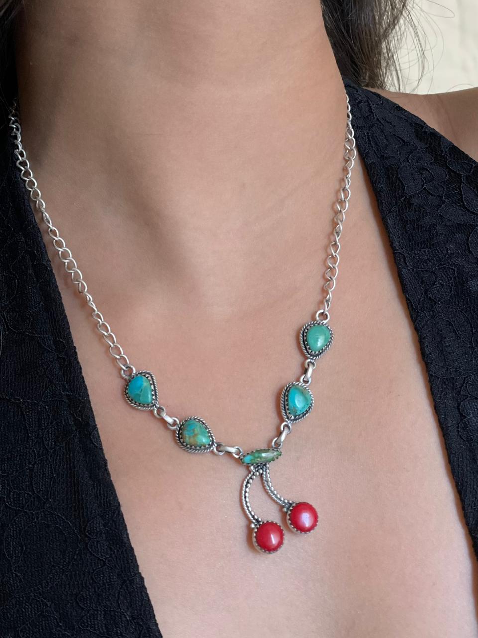 Handmade Sterling Silver Rosarita with Sonoran and Kingman Turquoise Necklace "Signed Nizhoni"
