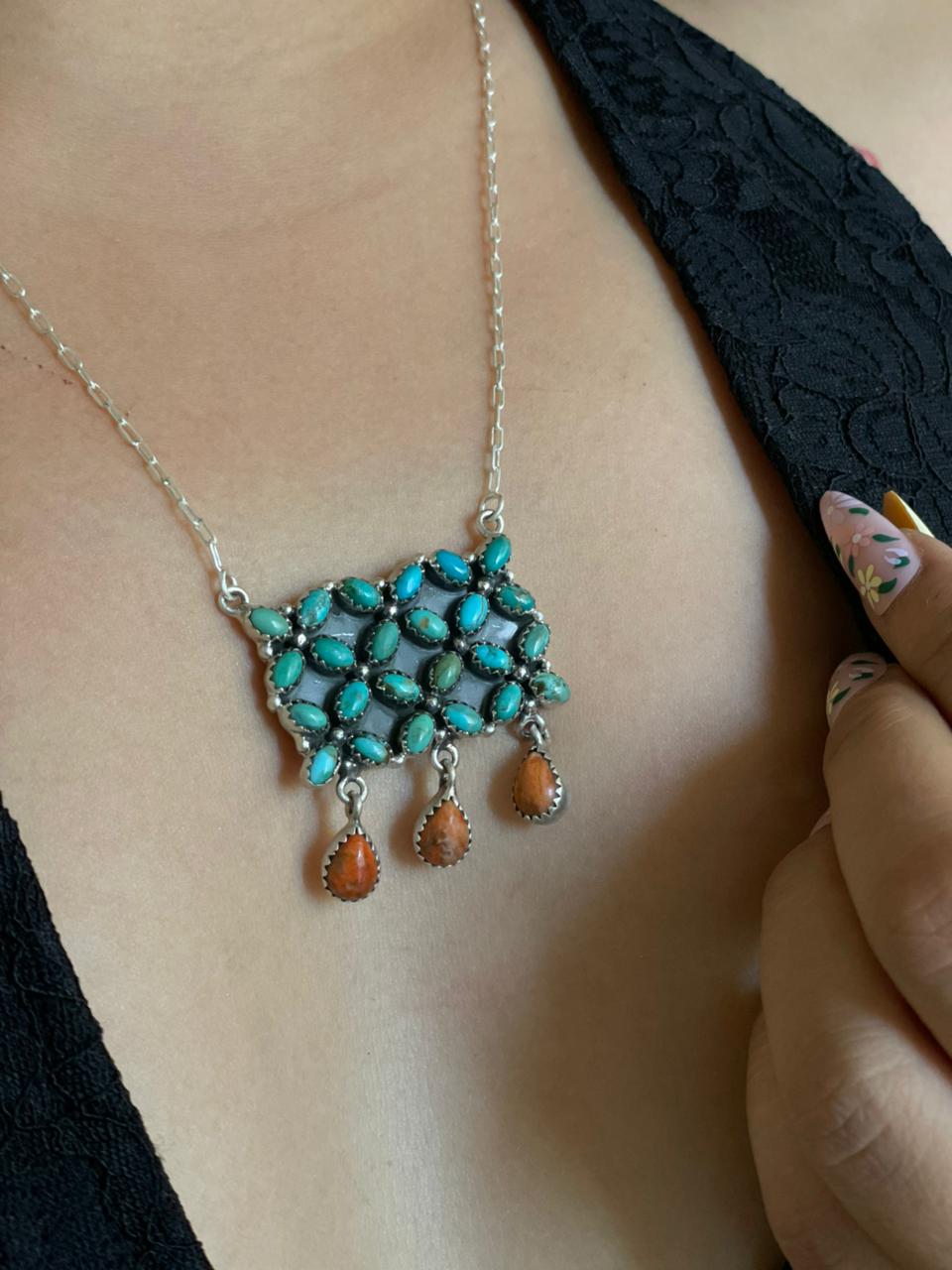 Handmade Sterling Silver Kingman Turquoise with Orange Mojave Necklace "Signed Nizhoni"