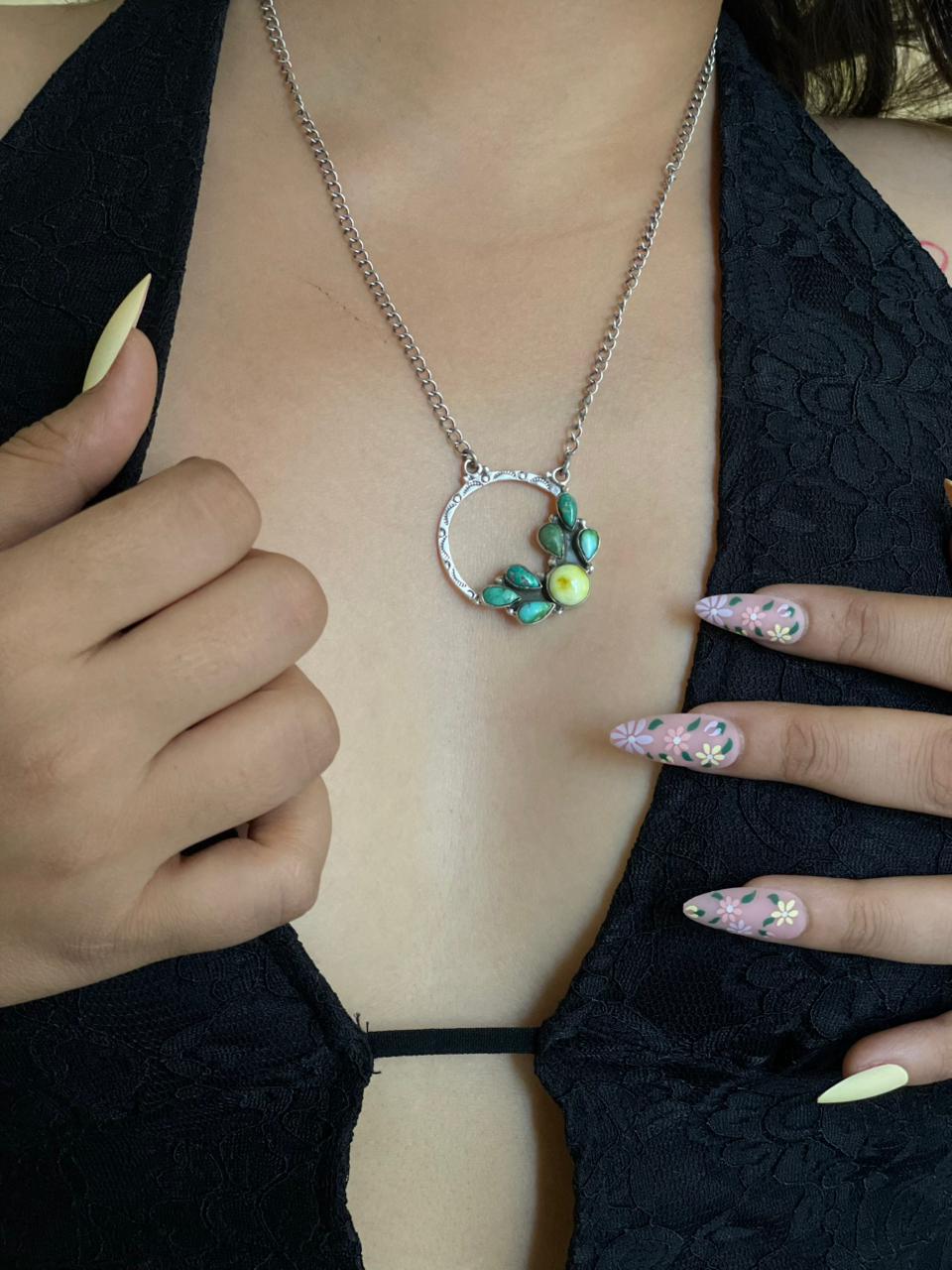 Handmade Sterling Silver Palomino with Emerald Valley Turquoise Necklace "Signed Nizhoni"