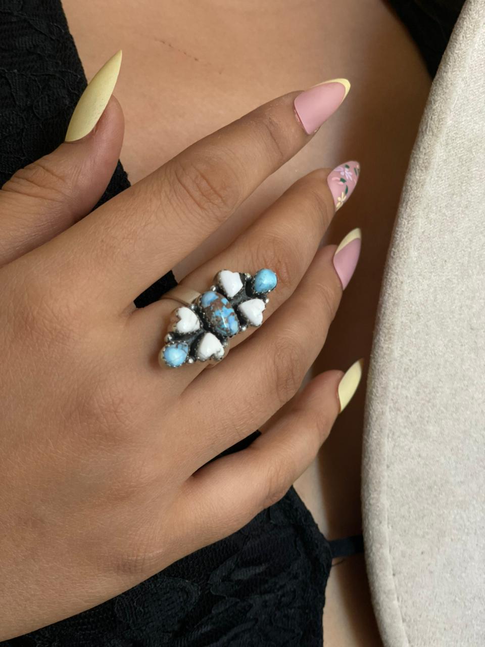Handmade Sterling Silver Canyon Sunset Collection: Golden Hills Turquoise with White Buffalo Adjustable Ring "Signed Nizhoni"