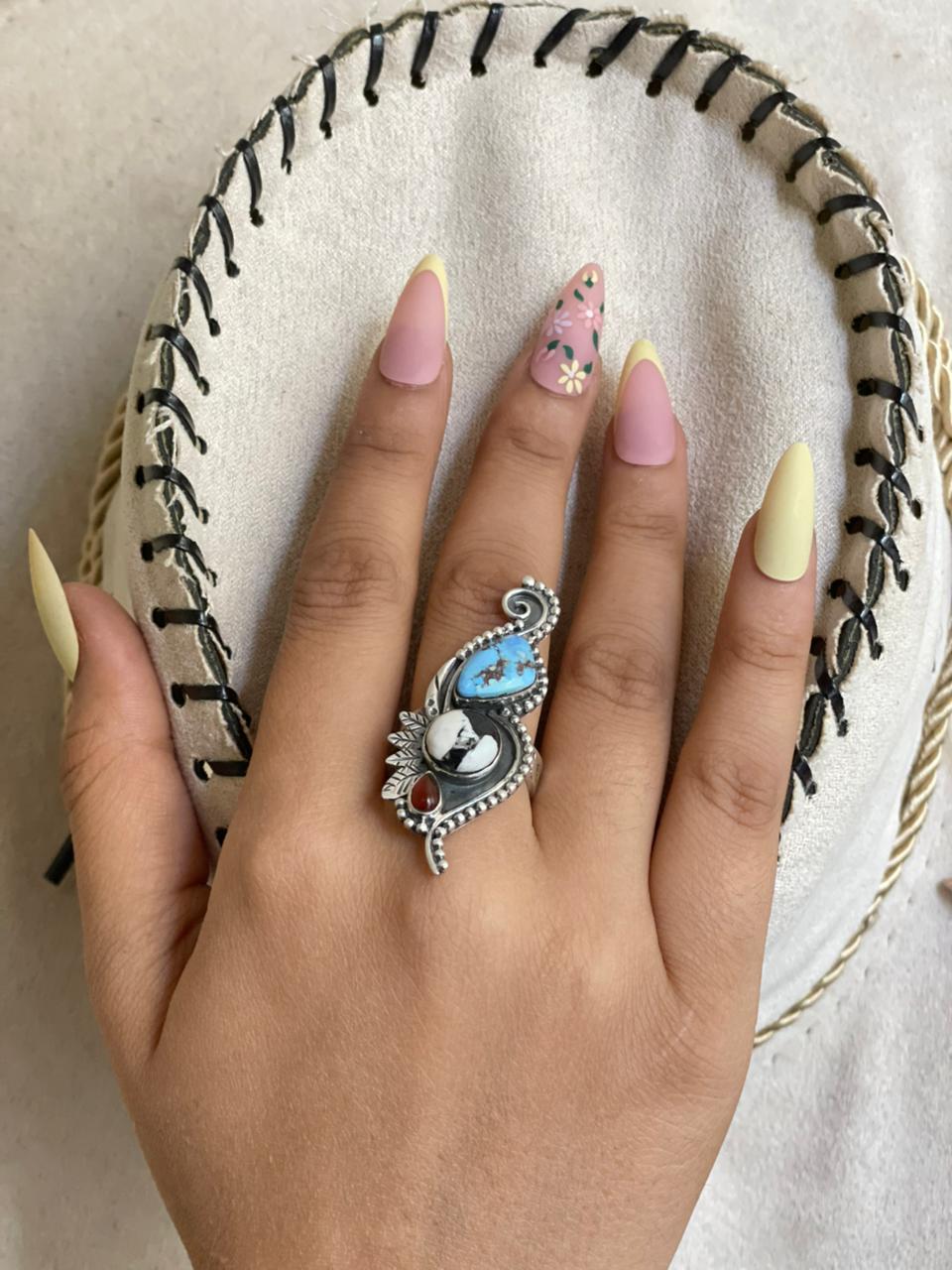 Handmade Sterling Silver Canyon Sunset Collection: Golden Hills Turquoise with White Buffalo and Carnelian Adjustable Ring "Signed Nizhoni"