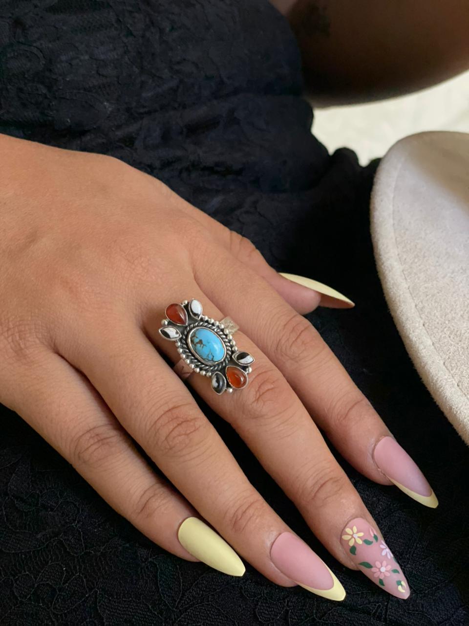 Handmade Sterling Silver Canyon Sunset Collection: Golden Hills Turquoise with White Buffalo and Carnelian Adjustable Ring "Signed Nizhoni"