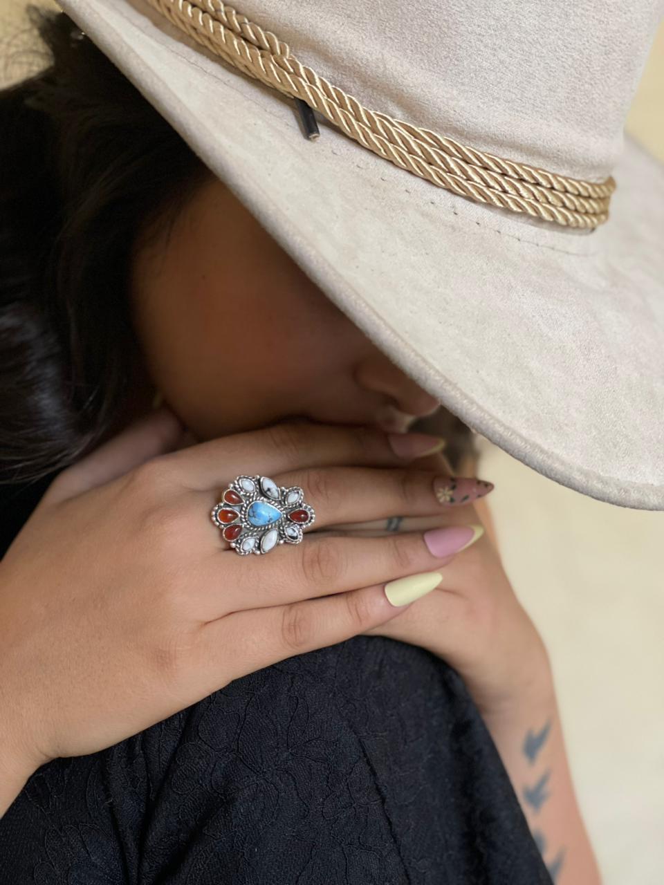 Handmade Sterling Silver Canyon Sunset Collection: Golden Hills Turquoise with White Buffalo and Carnelian Adjustable Ring "Signed Nizhoni"