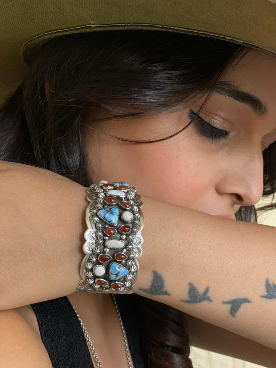 Handmade Sterling Silver Canyon Sunset Collection: Golden Hills Turquoise with White Buffalo and Carnelian Cuff Bracelet "Signed Nizhoni"