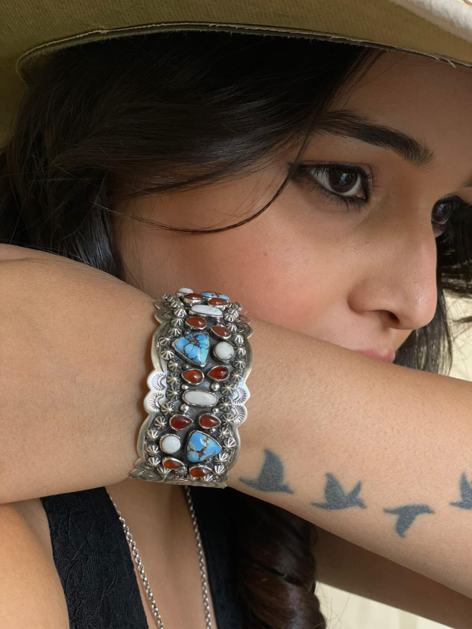 Handmade Sterling Silver Canyon Sunset Collection: Golden Hills Turquoise with White Buffalo and Carnelian Cuff Bracelet "Signed Nizhoni"