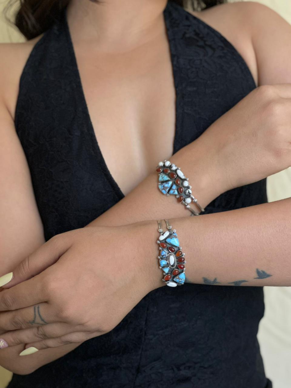 Handmade Sterling Silver Canyon Sunset Collection: Golden Hills Turquoise with White Buffalo and Carnelian Cuff Bracelet "Signed Nizhoni"