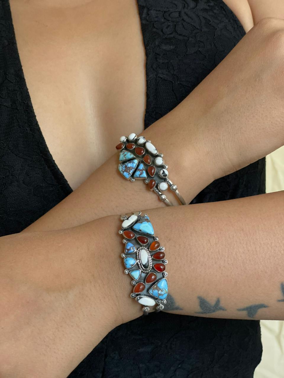 Handmade Sterling Silver Canyon Sunset Collection: Golden Hills Turquoise with White Buffalo and Carnelian Cuff Bracelet "Signed Nizhoni"