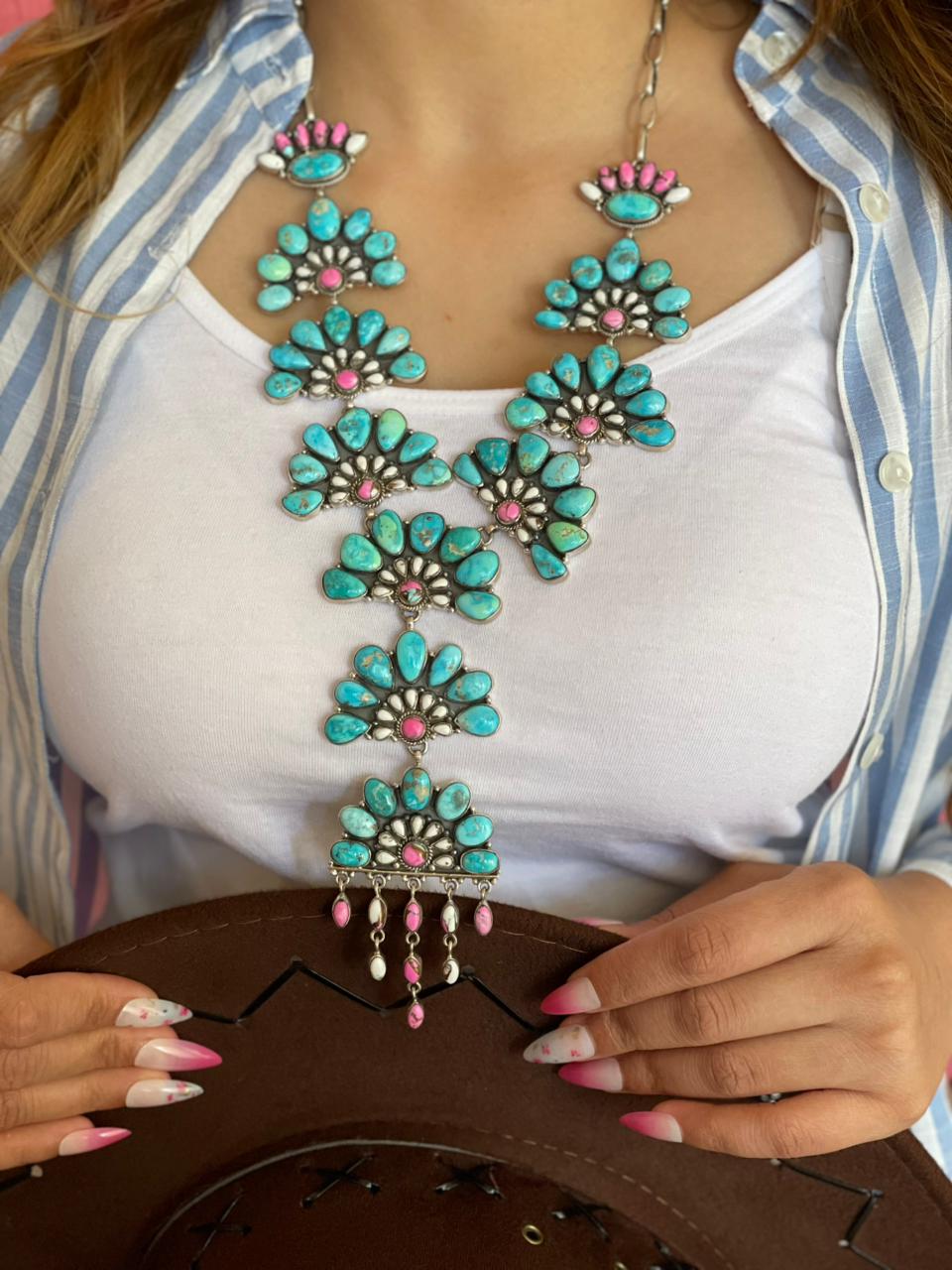 Handmade Sterling Silver Sierra Bella Turquoise with Cotton Candy Collection: Necklace "Signed Nizhoni"